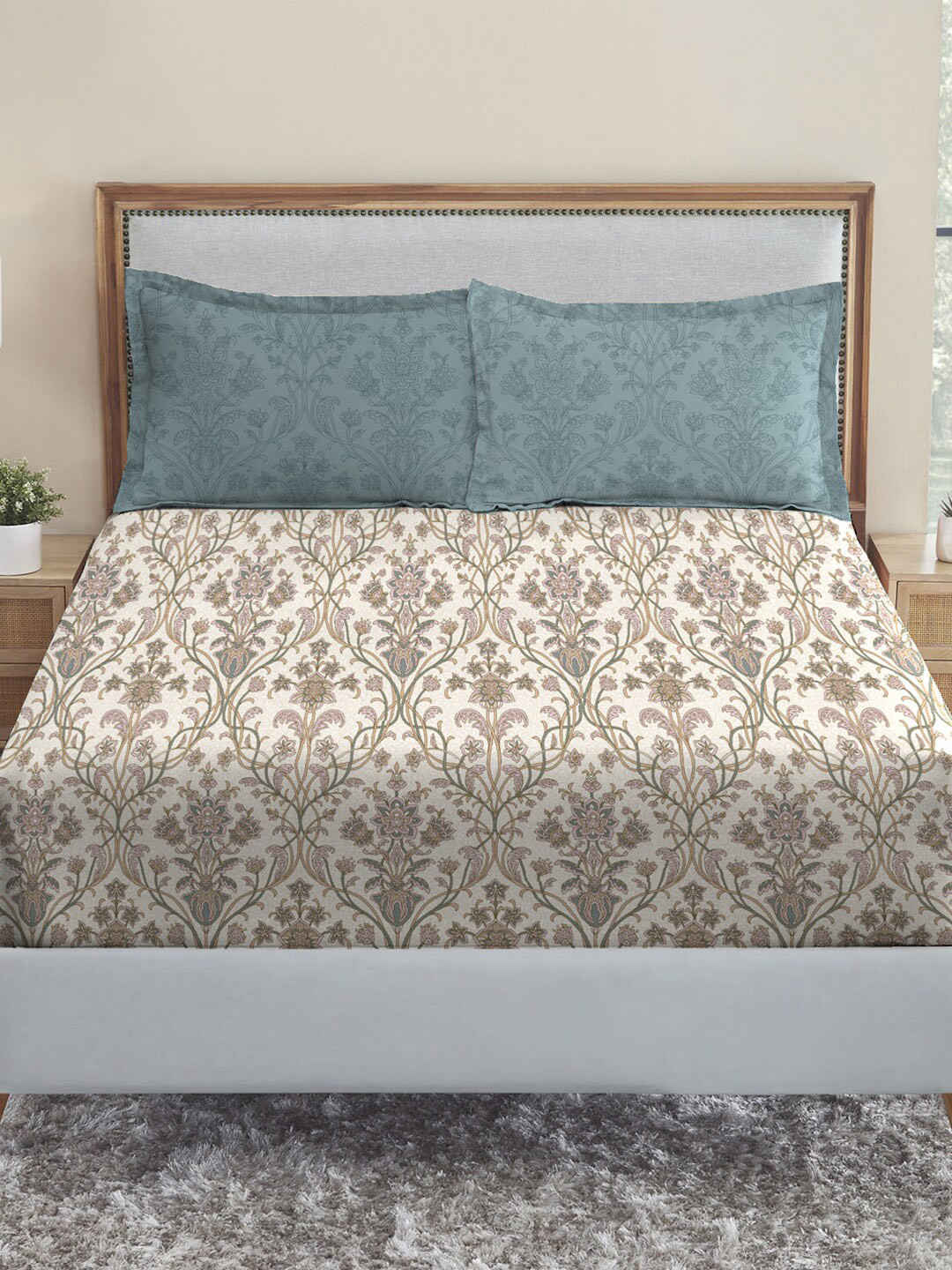 

MYTRIDENT Dusk and Dawn Beige Printed Pure Cotton 144 TC Queen Bedsheet 2 Pillow Covers