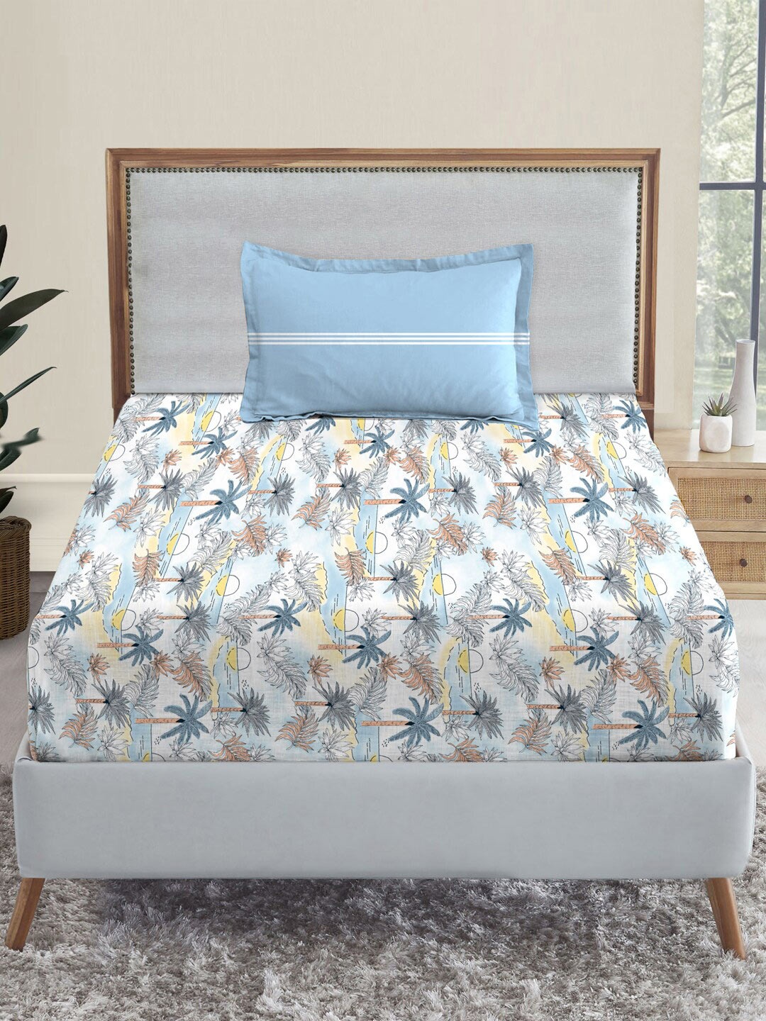 

MYTRIDENT Dusk and Dawn Blue Printed Pure Cotton 144 TC Single Bedsheet Pillow Cover