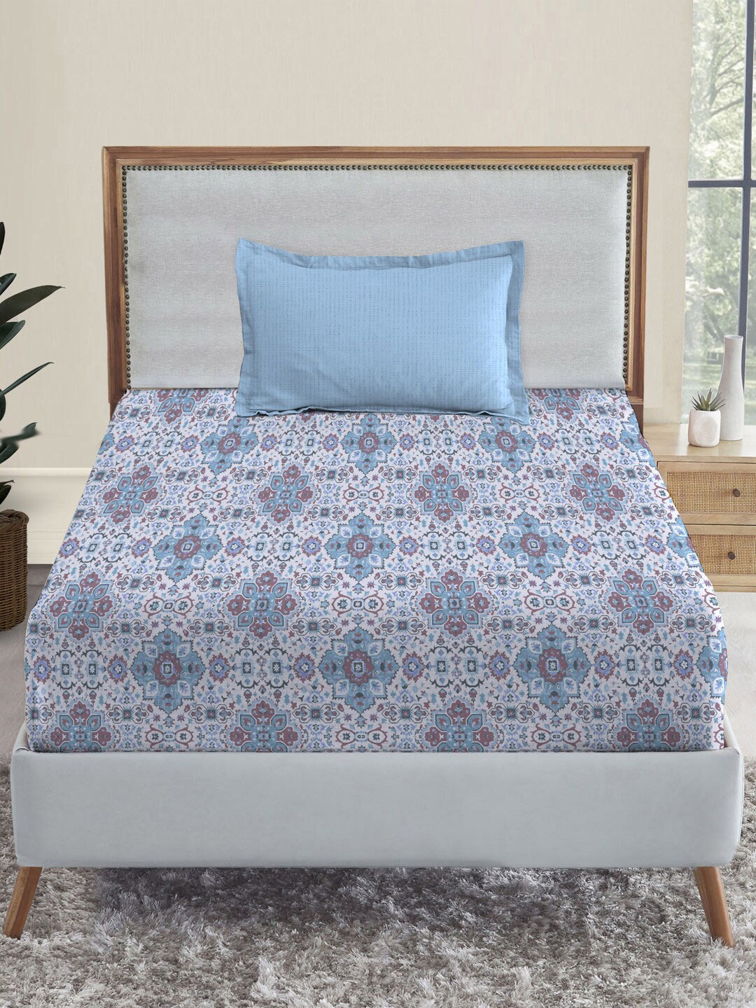 

MYTRIDENT Dusk and Dawn Blue Ethnic Motifs Pure Cotton 144 TC Single Bedsheet Pillow Cover