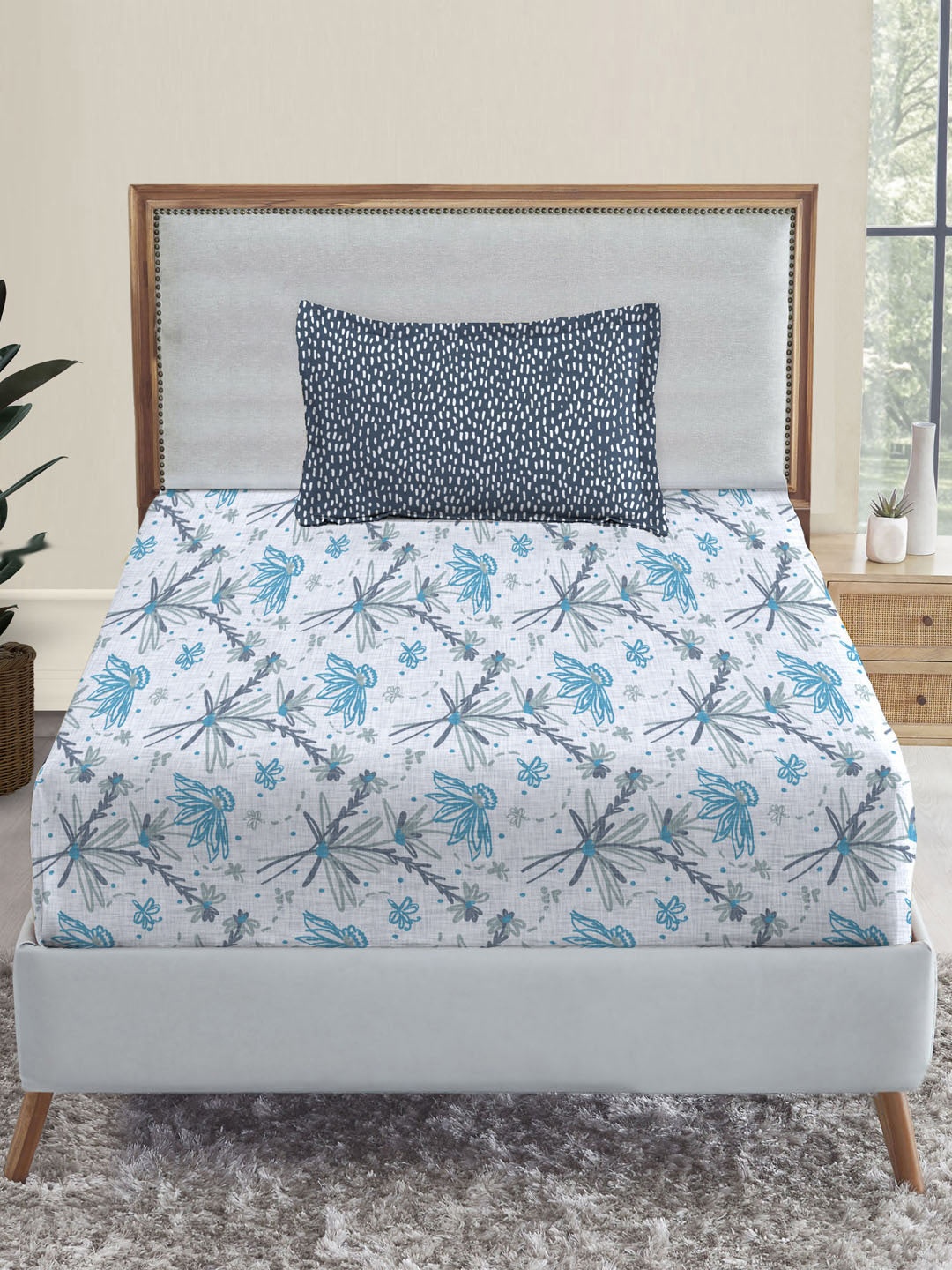 

TRIDENT Night Bloom Blue Dusk & Dawn Flat 144TC Single Cotton Bedsheet Set