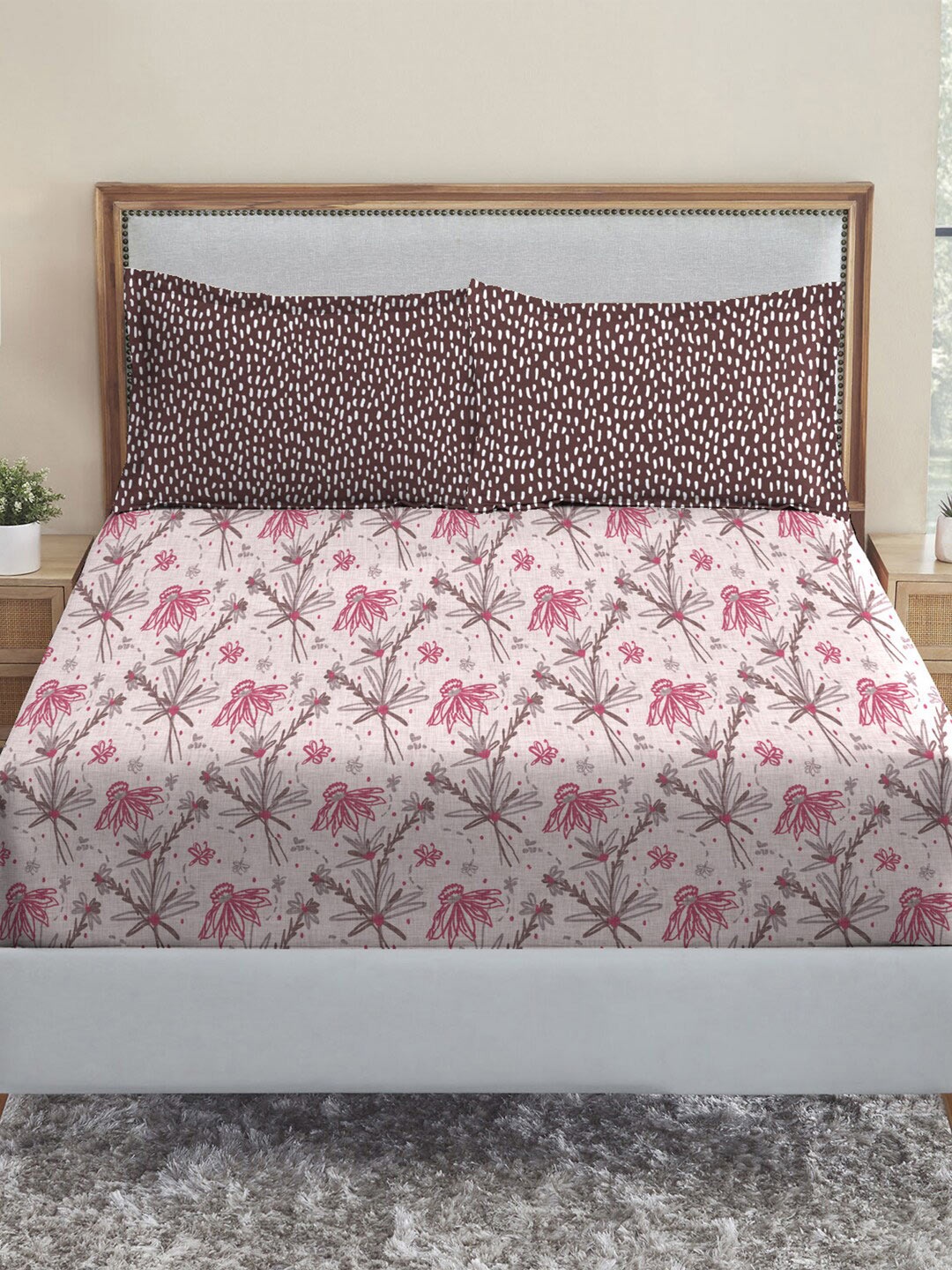 

MYTRIDENT Bloom Red Dusk & Dawn Flat 144TC Queen Cotton 1 Bedsheet with 2 Pillow Covers