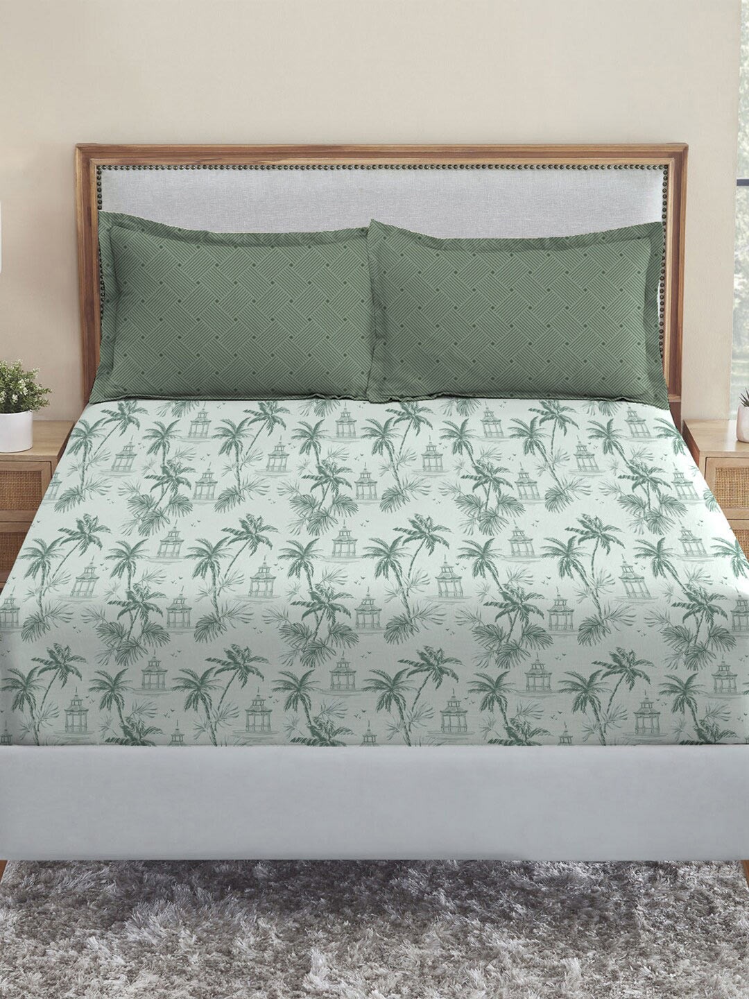 

MYTRIDENT Dusk and Dawn Green Floral Pure Cotton 144 TC Queen Bedsheet 2 Pillow Covers