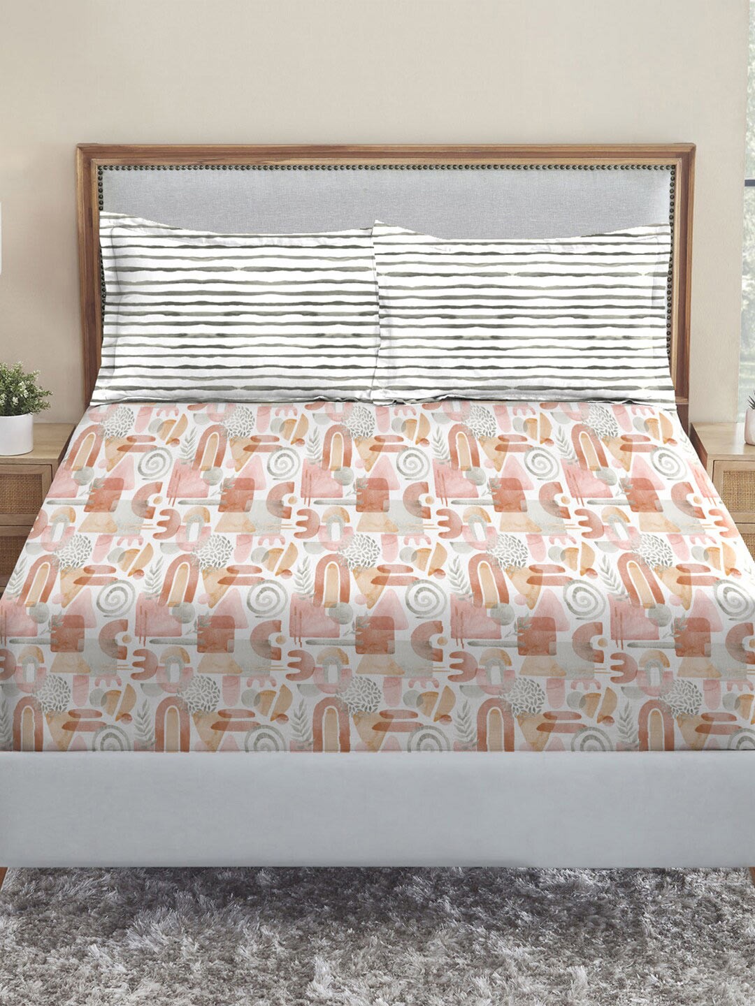 

MYTRIDENT Peach Dusk & Dawn Flat 144TC Queen Cotton 1 Bedsheet with 2 Pillow Covers