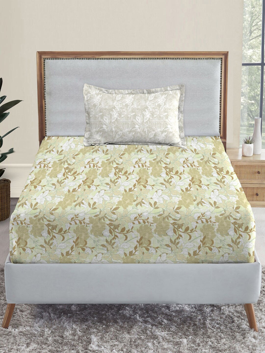 

TRIDENT Tuscany Floral Yellow Dusk & Dawn Flat 144TC Single Cotton Bedsheet Set, Green