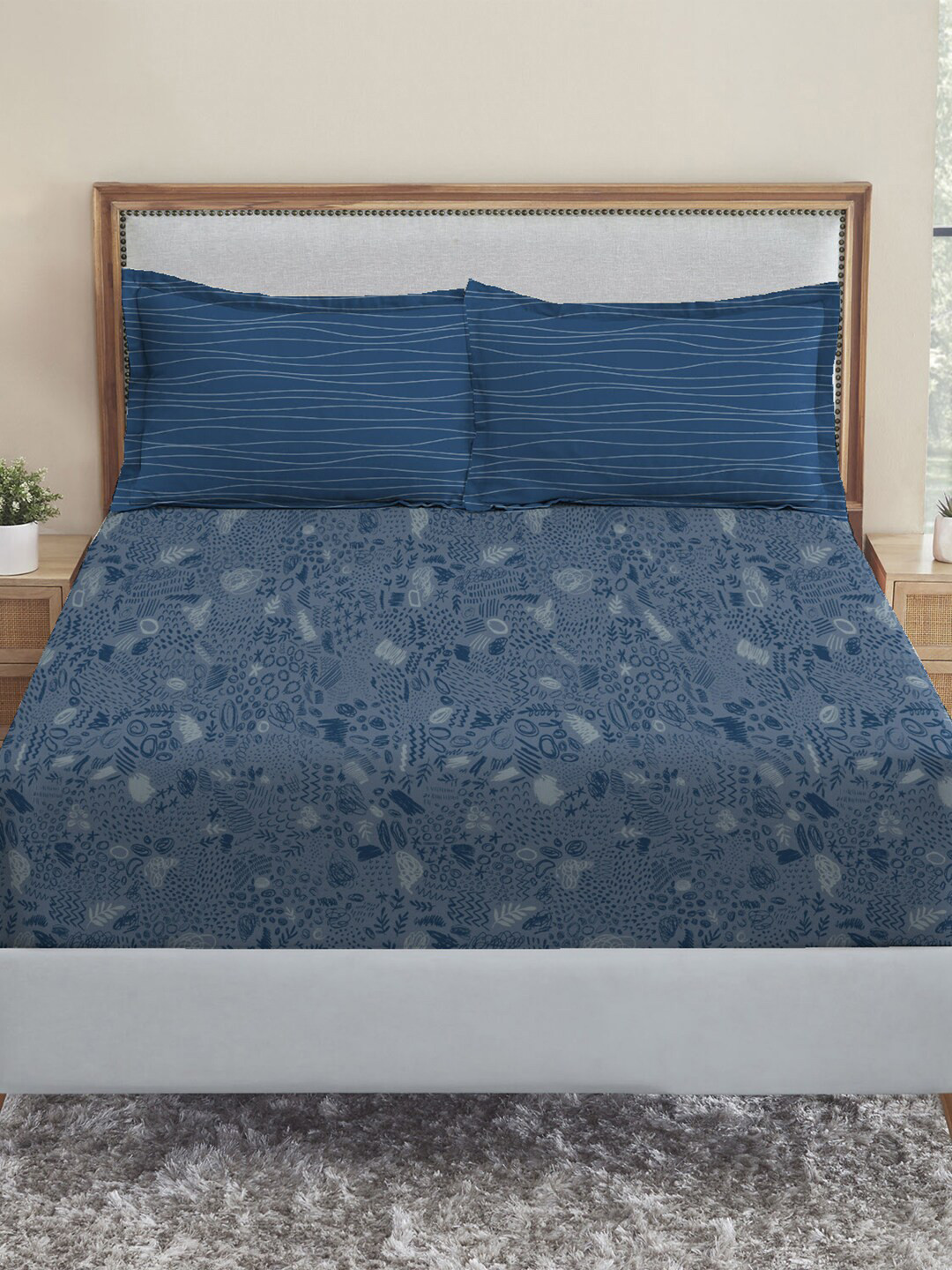 

MYTRIDENT Dusk and Dawn Navy Blue Pure Cotton 144 TC Queen Bedsheet with 2 Pillow Covers