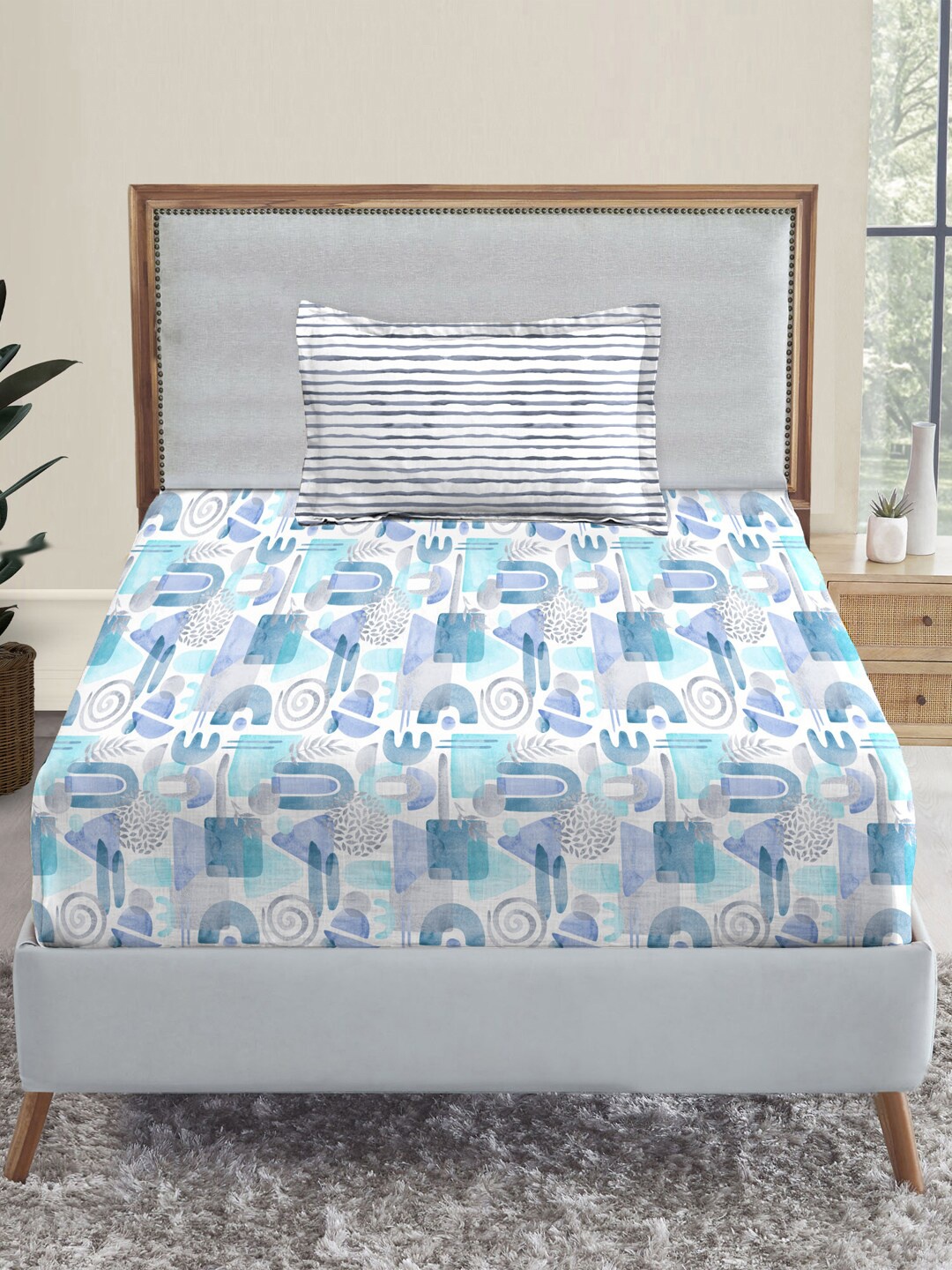 

MYTRIDENT Dusk and Dawn White Blue Pure Cotton 144 TC Single Bedsheet with 1 Pillow Cover