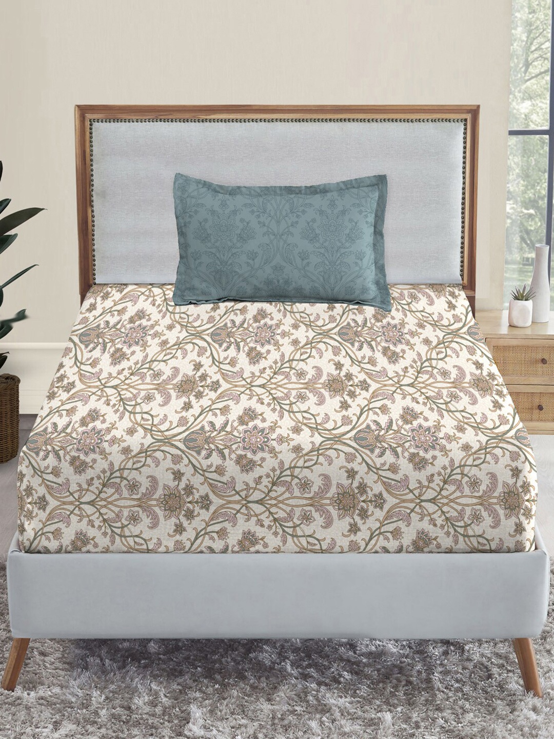 

MYTRIDENT Dusk and Dawn Beige Ethnic Motifs Cotton 144 TC Single Bedsheet 1 Pillow Cover
