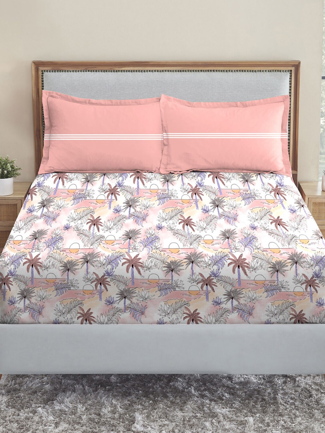 

MYTRIDENT Dusk and Dawn White Peach-Coloured Cotton 144 TC Queen Bedsheet 2 Pillow Covers