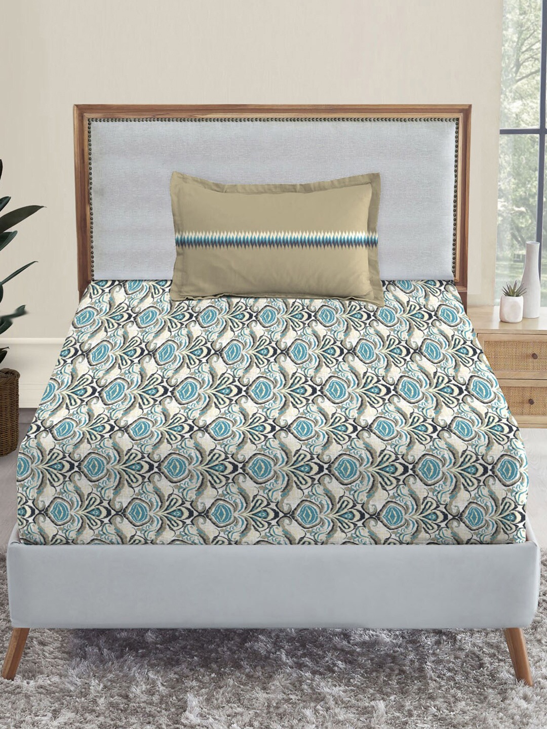 

MYTRIDENT Oasis Blue Dusk & Dawn Flat 144TC Single Cotton Bedsheet Set