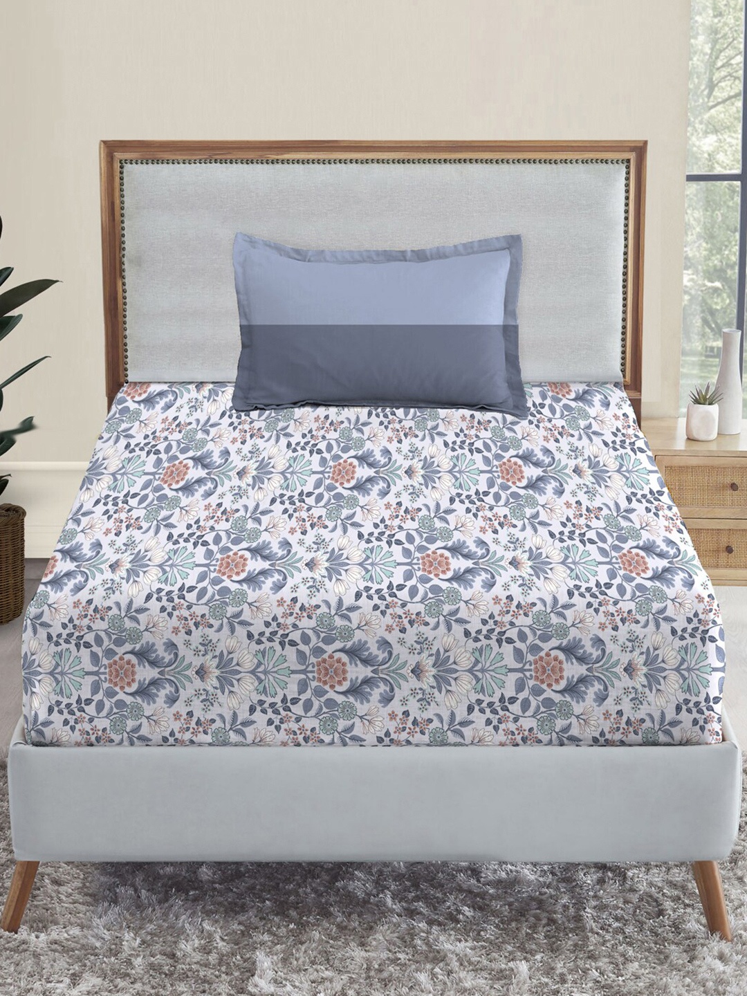 

MYTRIDENT Dusk and Dawn Blue Floral Pure Cotton 144 TC Single Bedsheet with 1 Pillow Cover