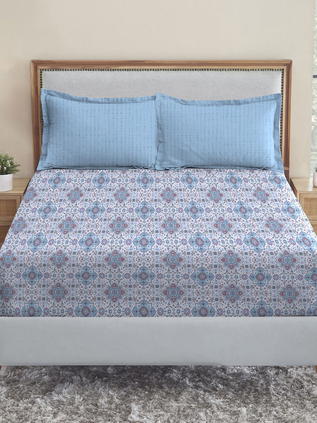 

MYTRIDENT Dusk and Dawn Blue Ethnic Motifs Cotton 144 TC Queen Bedsheet with 2 Pillow Covers