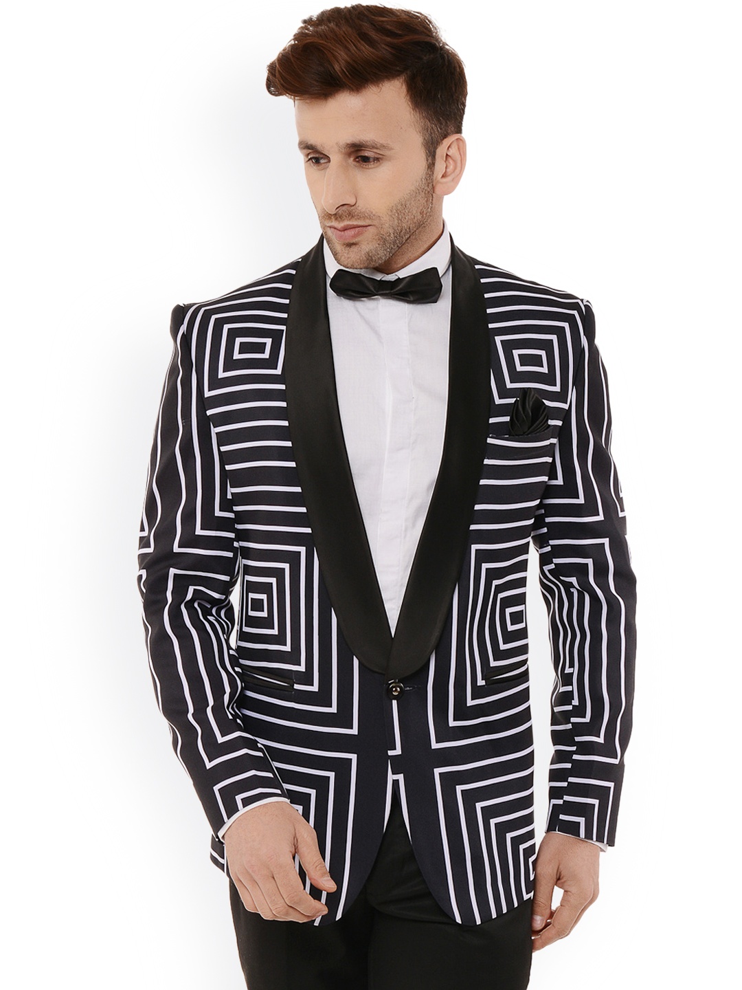 

Hangup Men Black & White Geometric Regular Fit Print Tuxedo Blazer