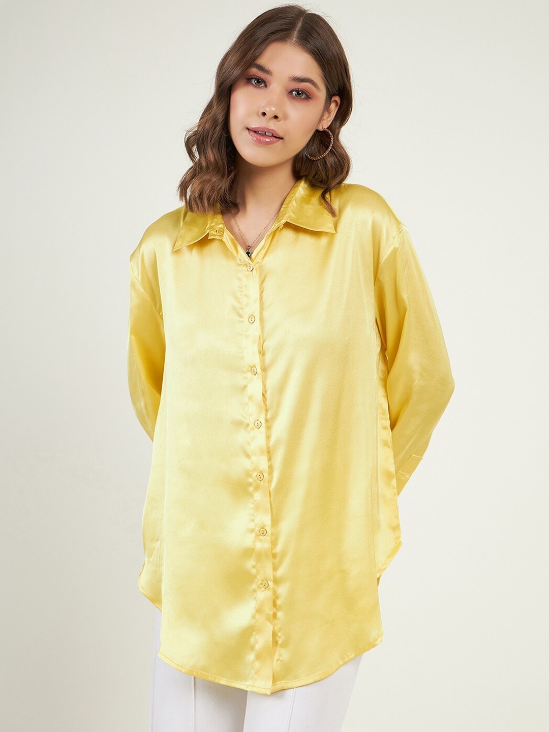 

JUNE & HARRY Relaxed Spread Collar Satin Shirt, Yellow