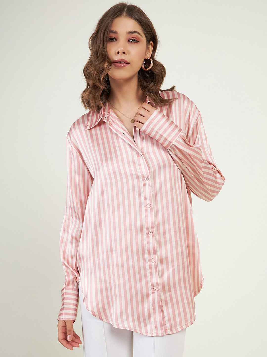 

JUNE & HARRY Relaxed Striped Satin Shirt, Mauve