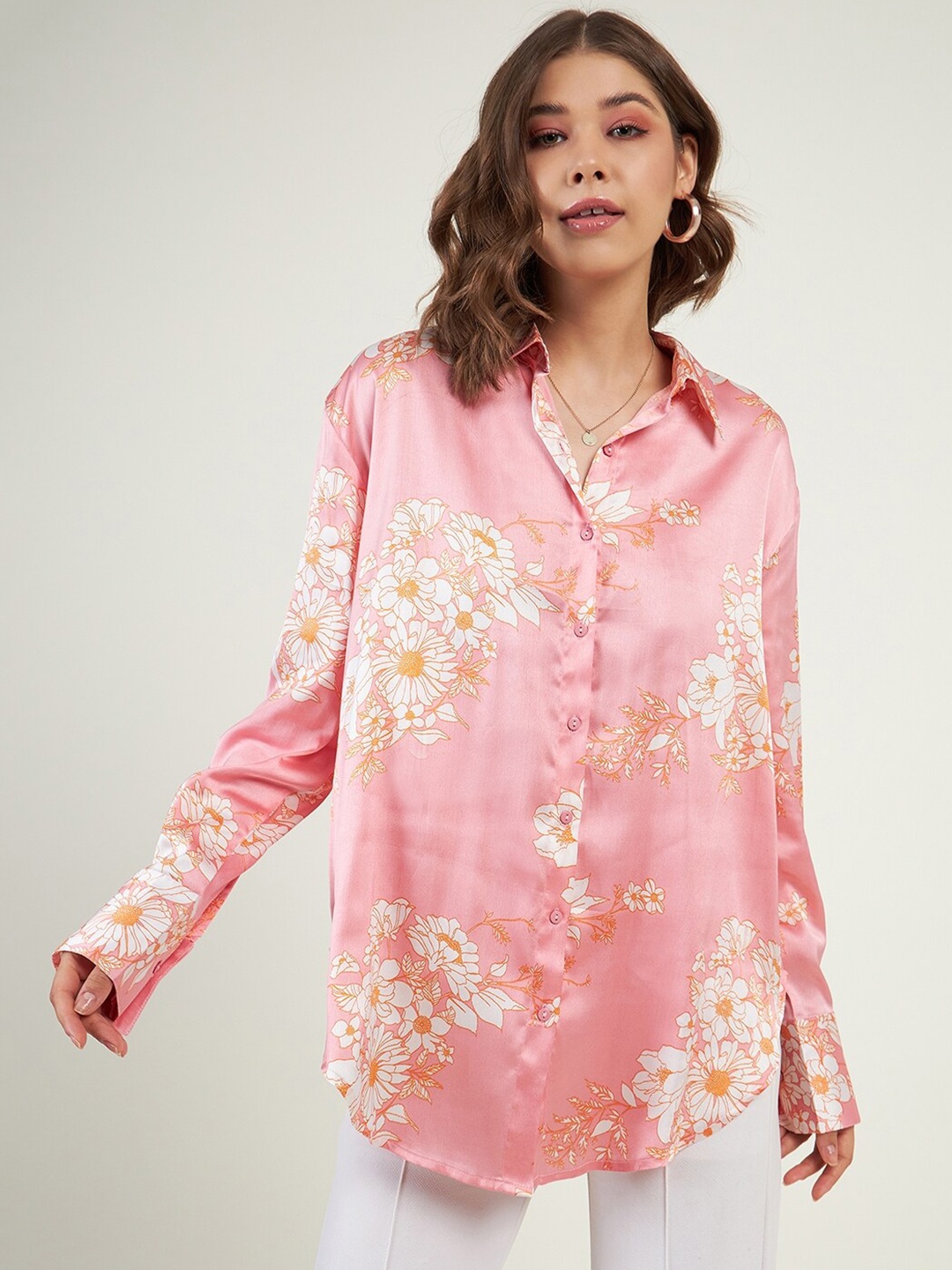 

JUNE & HARRY Relaxed Floral Printed Satin Shirt, Mauve