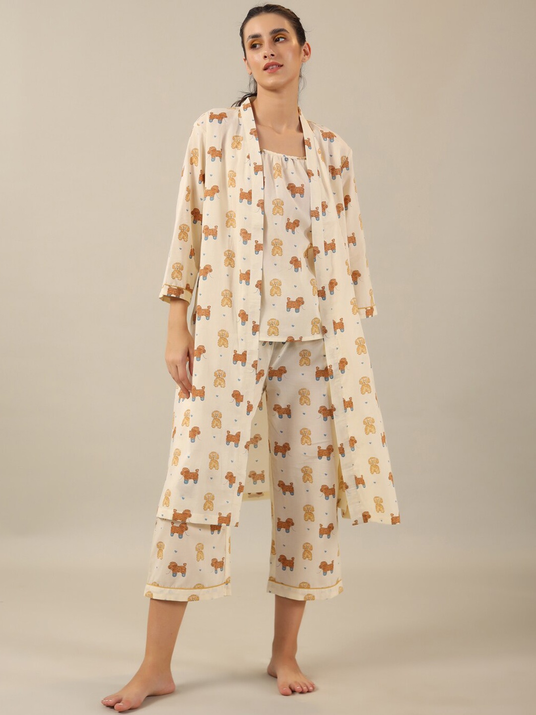 

SANSKRUTIHOMES Cream-Coloured & Brown 3-Pieces Printed Pure Cotton Nightsuit