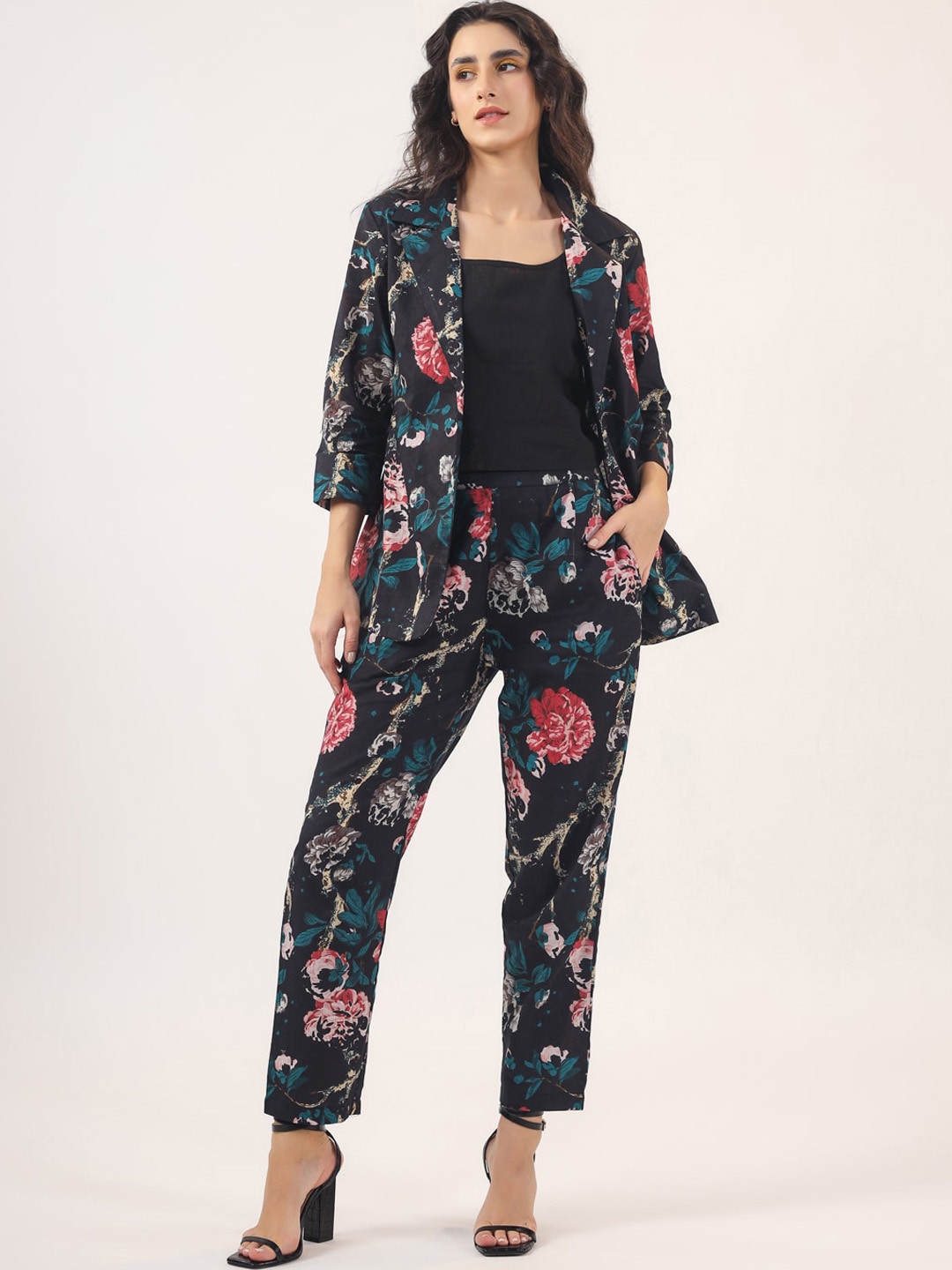 

SANSKRUTIHOMES Floral Printed Pure Cotton Top With Trousers & Jacket, Black