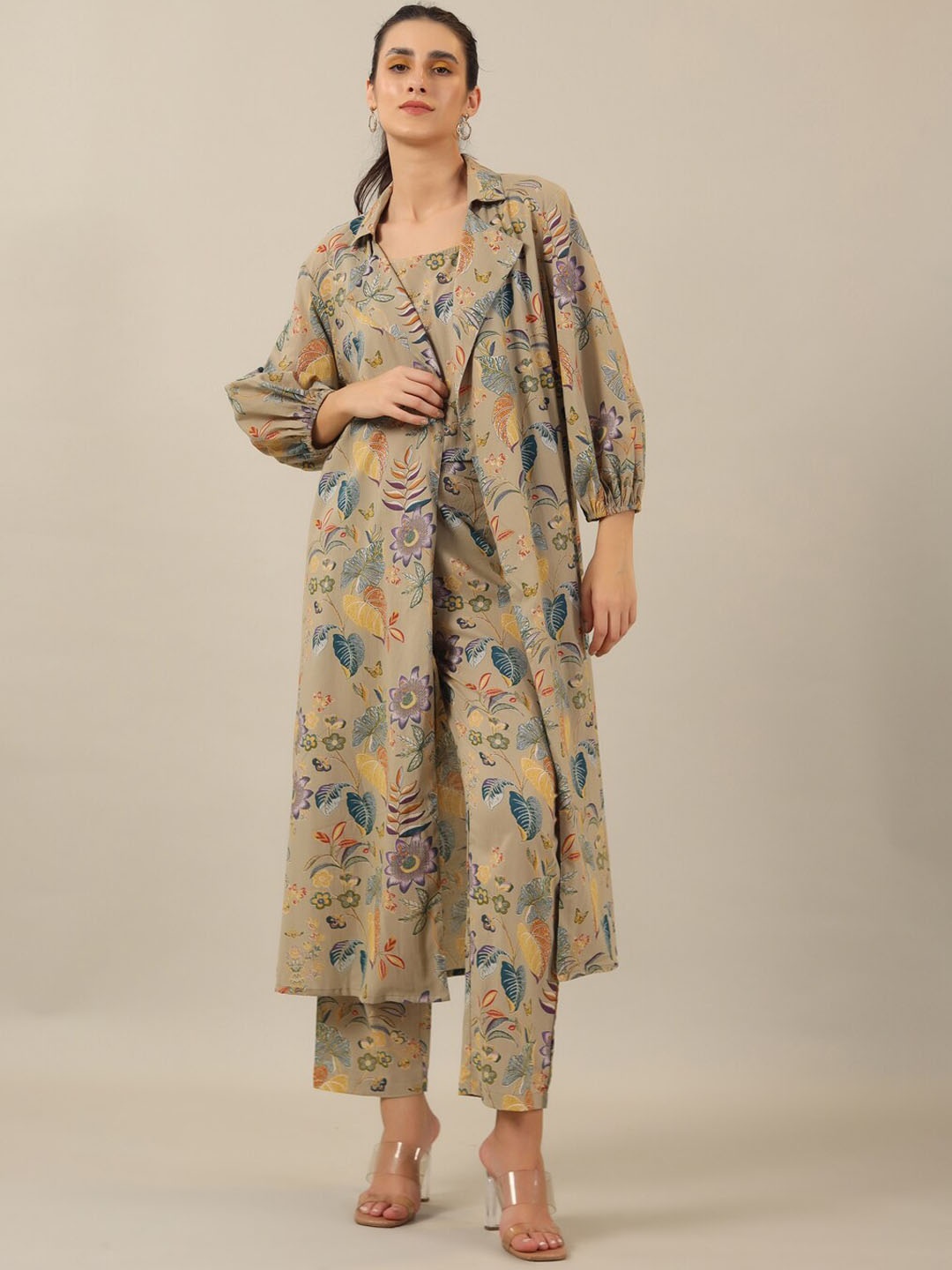 

SANSKRUTIHOMES Beige Floral Printed Pure Cotton Top & Trousers With Jacket