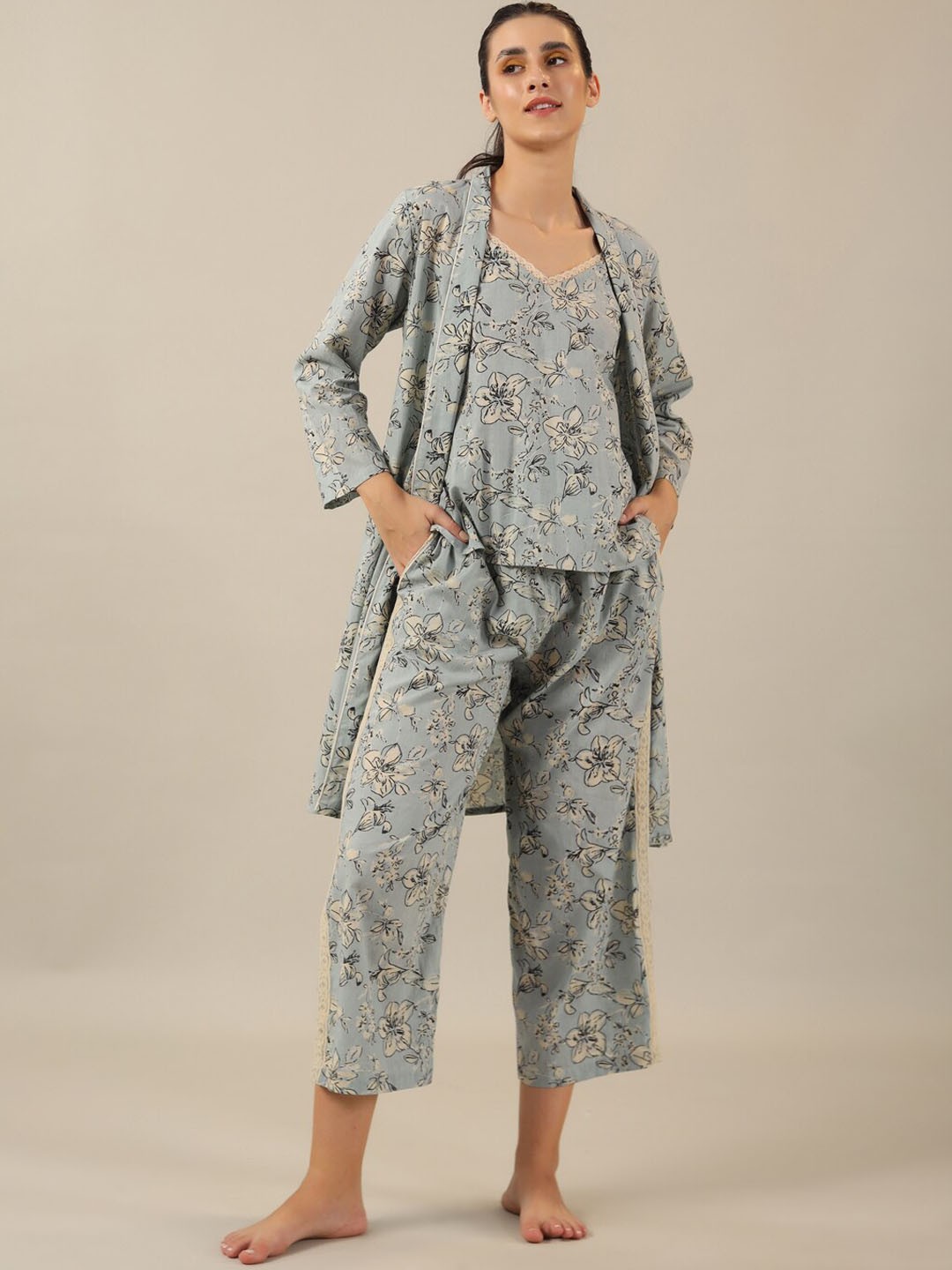 

SANSKRUTIHOMES Sea Green 3-Pieces Floral Printed Pure Cotton Nightsuit