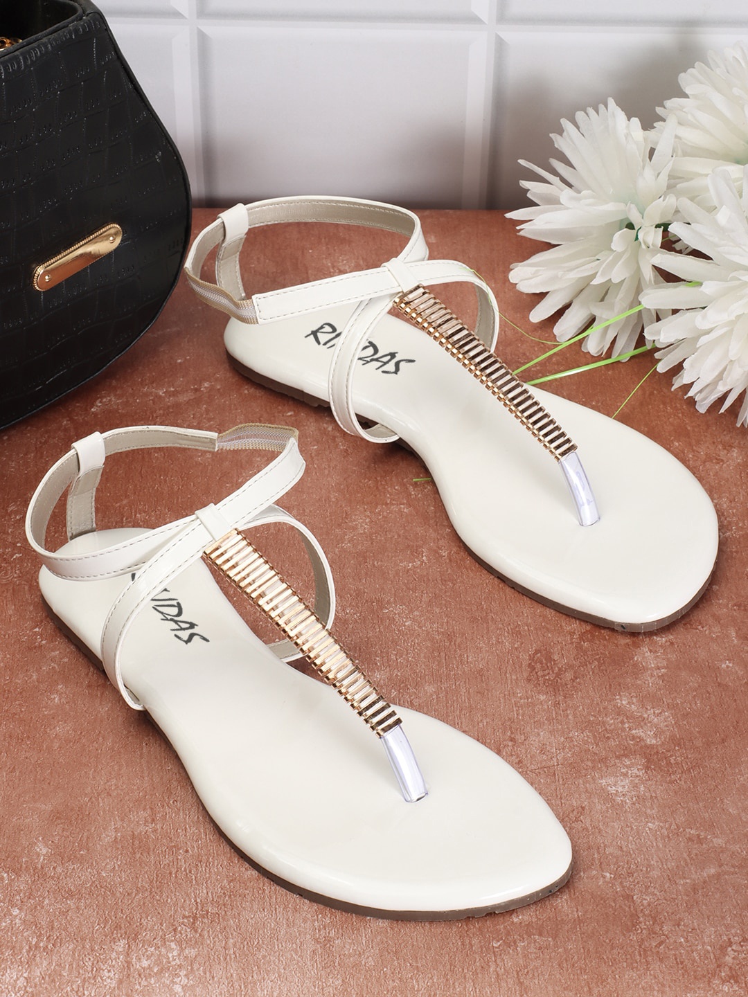 

RINDAS Embellished T-Strap Flats, White