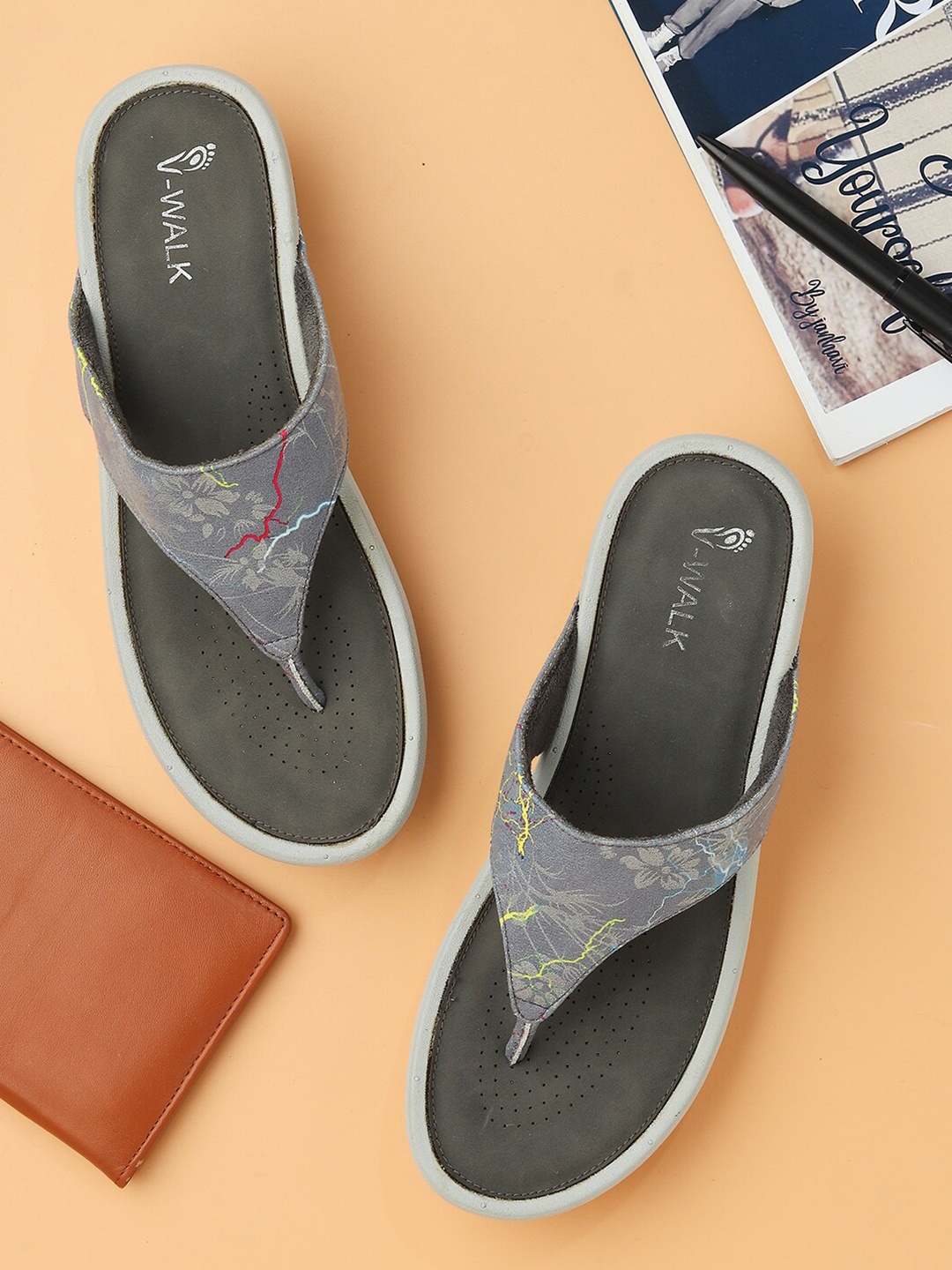 

V-WALK Printed Lightweight T-Strap Flats, Grey