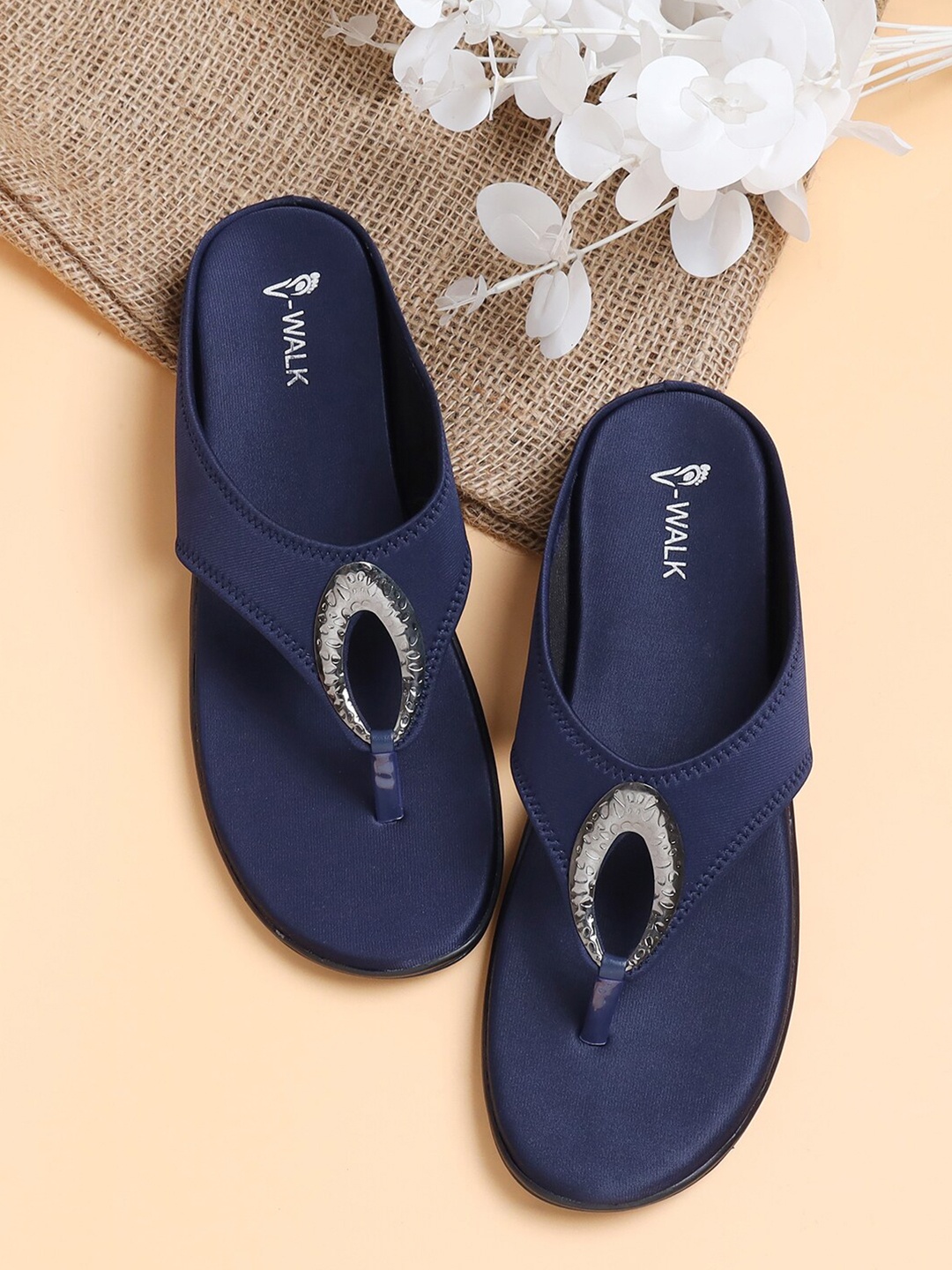 

V-WALK Embellished Open Toe Flats, Navy blue