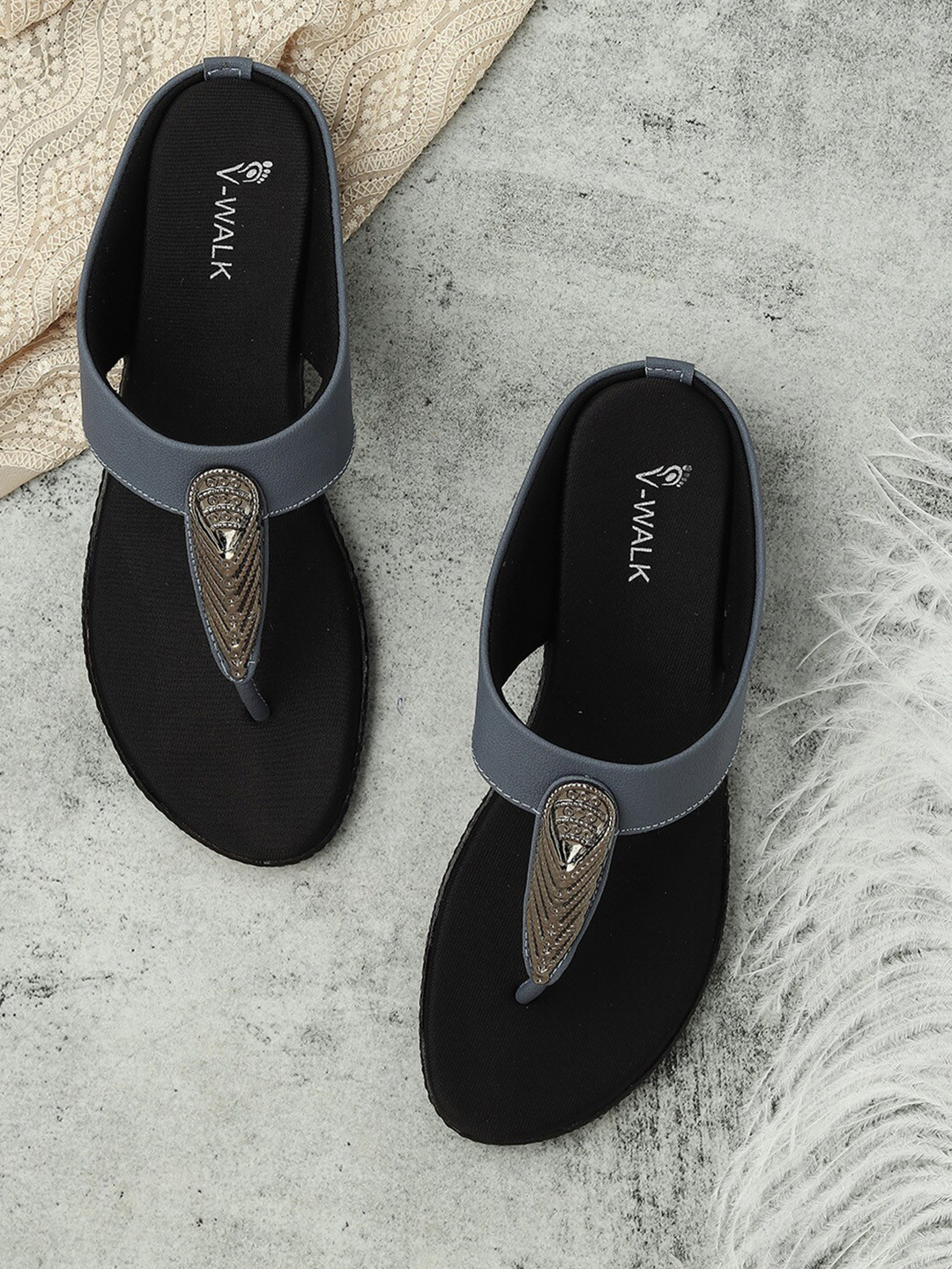 

V-WALK Embellished T-Strap Flats, Grey