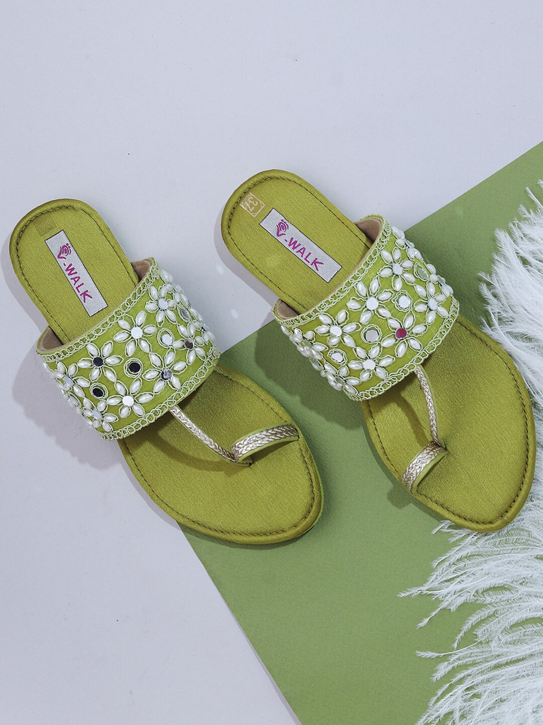 

V-WALK Ethnic Embellished One Toe Flats, Lime green