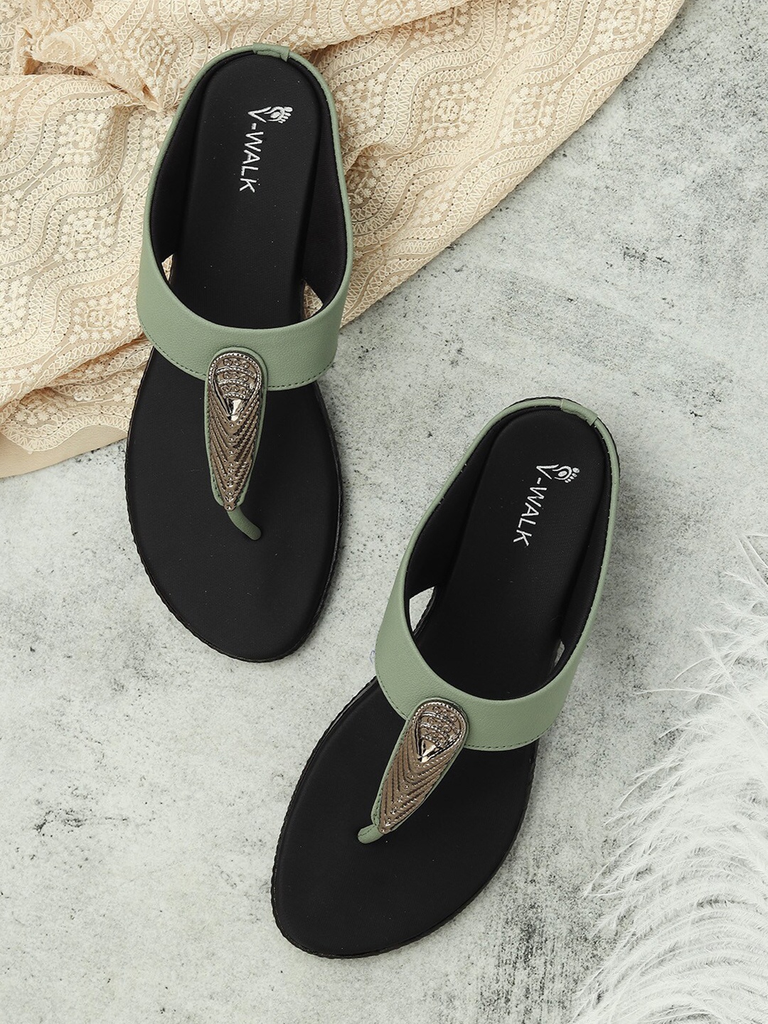 

V-WALK Embellished T-Strap Flats, Sea green