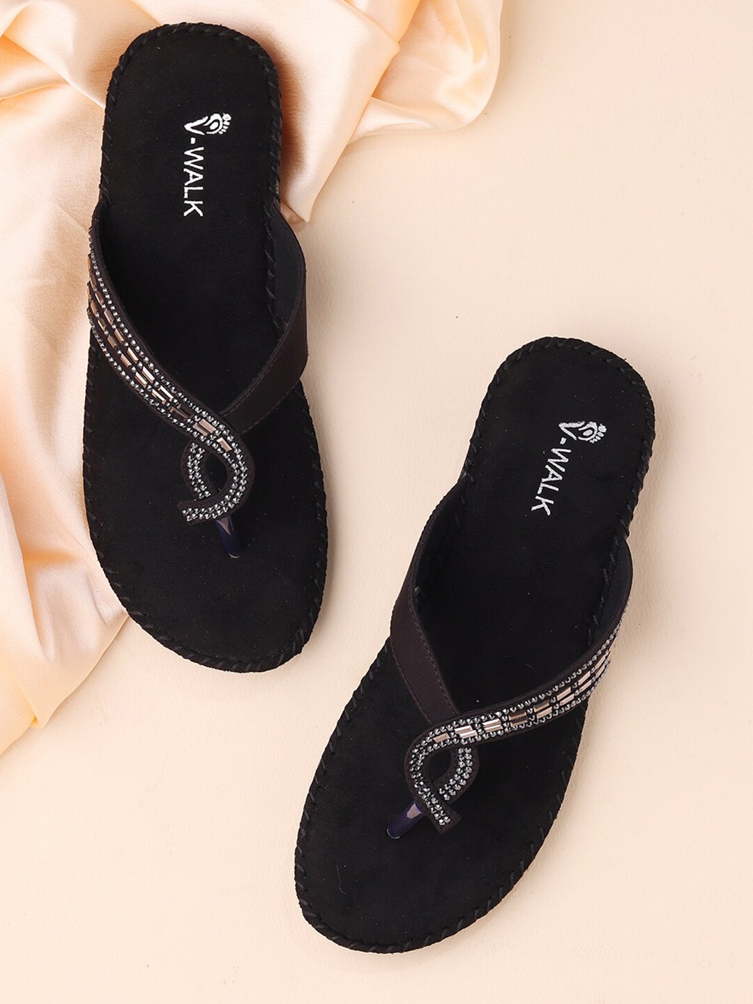 

V-WALK Embellished Open Toe Flats, Black