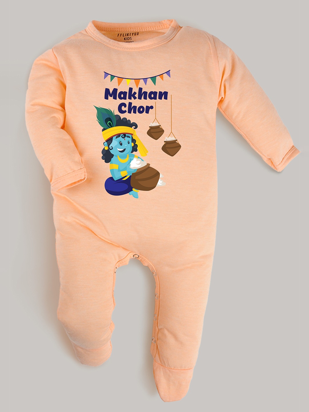 

FFLIRTYGO Infants Krishna Printed Pure Cotton Sleepsuit, Peach