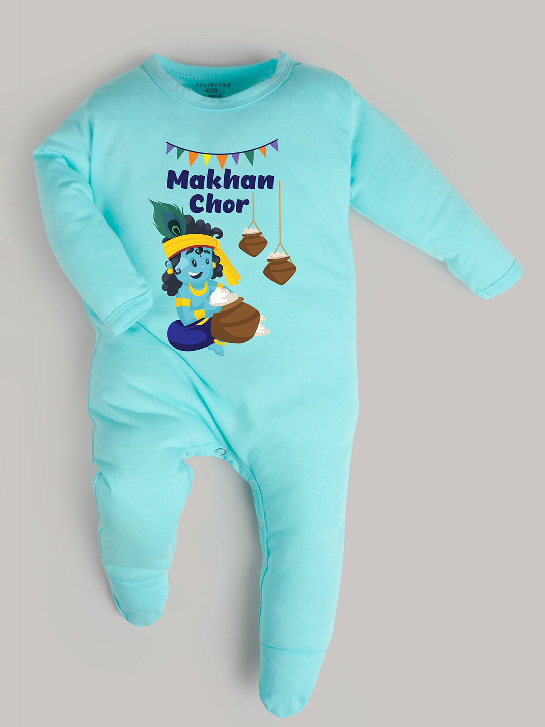 

FFLIRTYGO Infants Janmashtami Special Printed Pure Cotton Sleepsuit, Blue