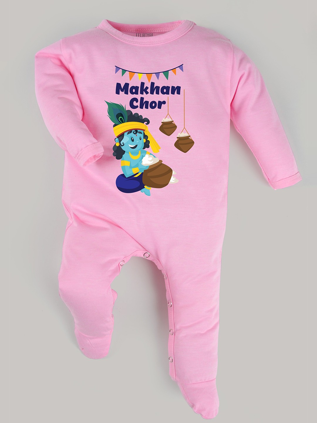 

FFLIRTYGO Infants Janmashtami Special Printed Pure Cotton Sleepsuit, Pink