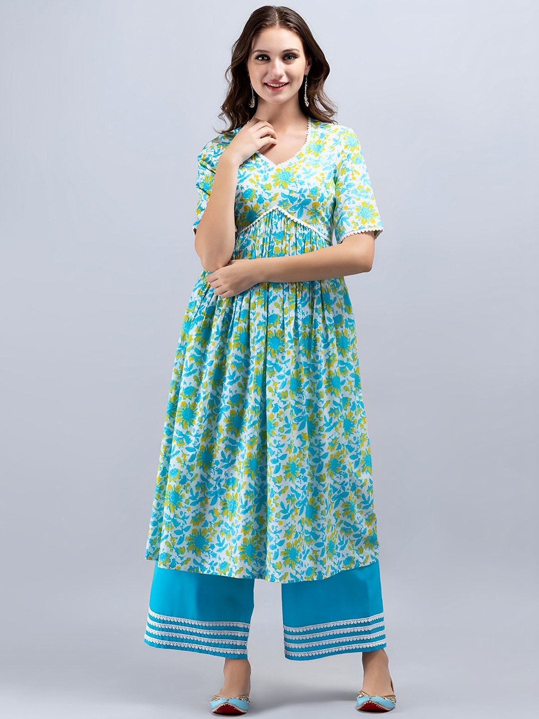 

SAK JAIPUR Floral Printed Empire Pure Cotton Kurta with Palazzos, Blue