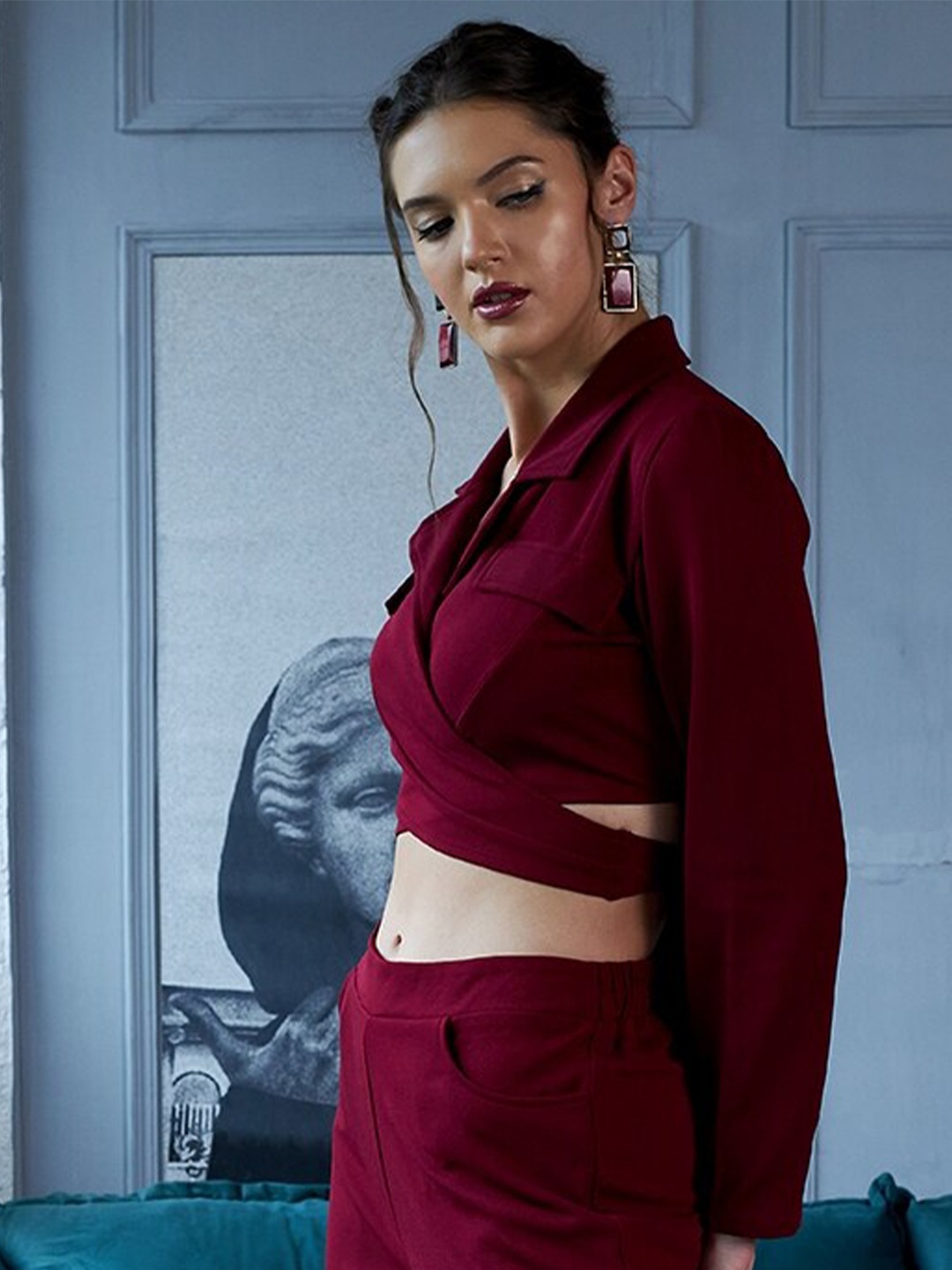 

Athena Burgundy Lapel Collar Tie up Top