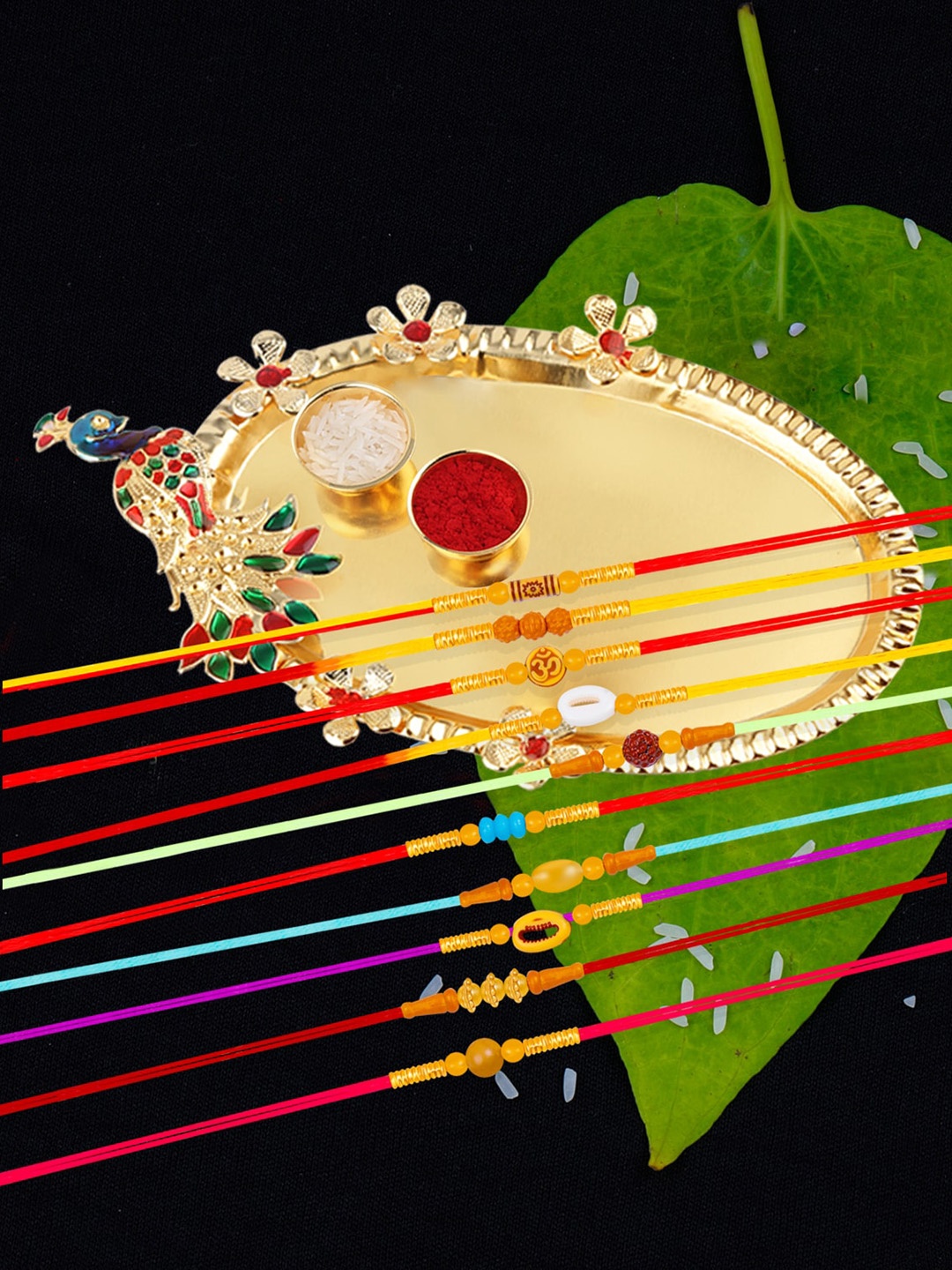 

Silver Shine Set Of 10 Bhabhi Bhaiya Rakhi Roli Chawal &1 Greeting Card With Pooja Thali, Gold