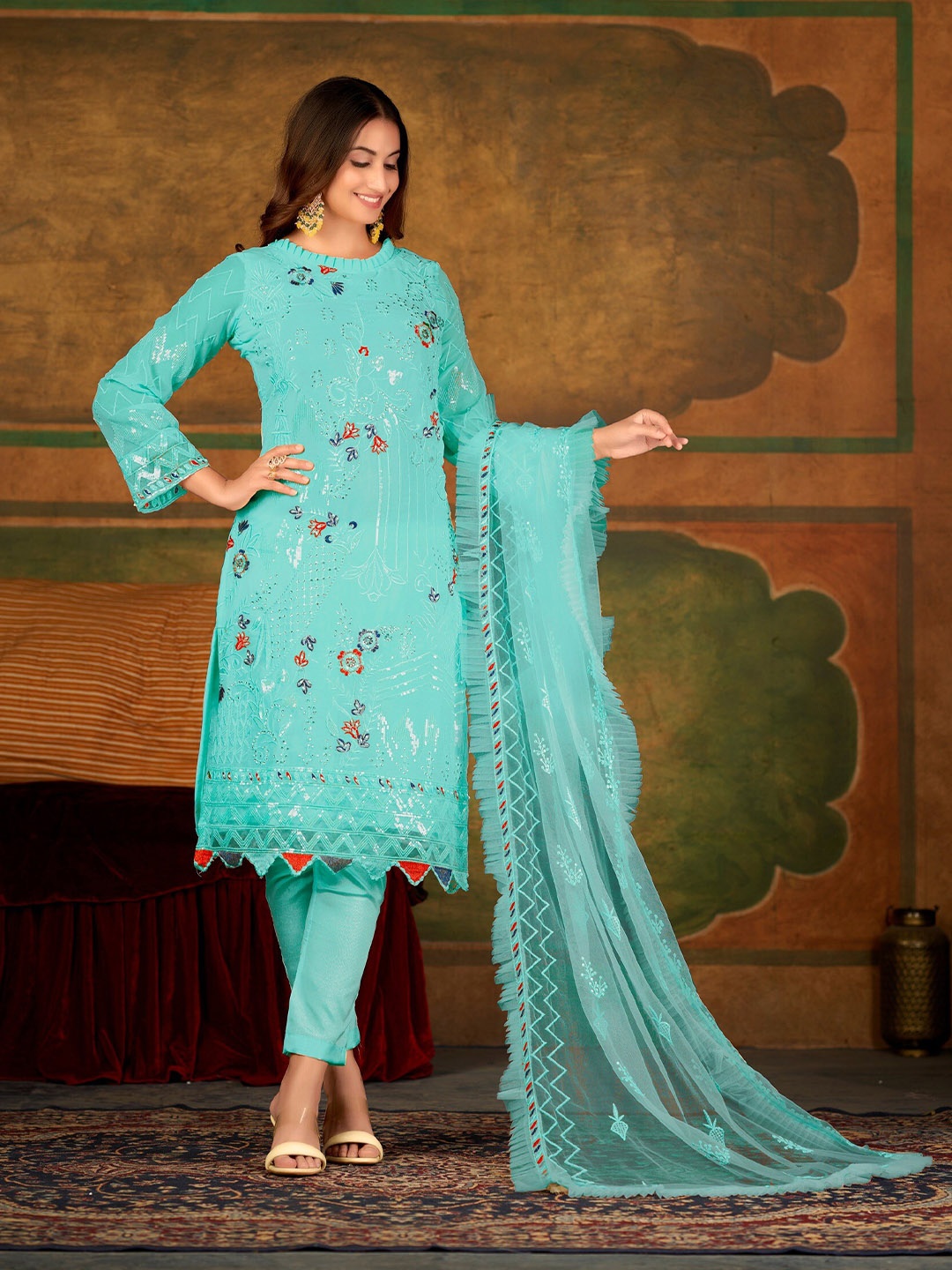 

Atsevam Ethnic Motifs Embroidered Sequinned Semi-Stitched Dress Material, Blue