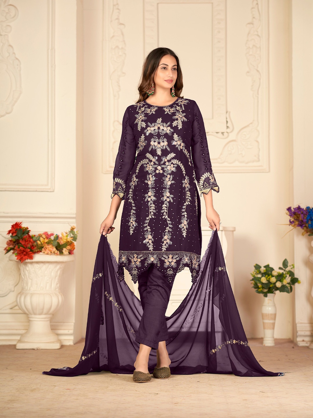 

Atsevam Floral Embroidered Silk Georgette Semi-Stitched Dress Material, Purple