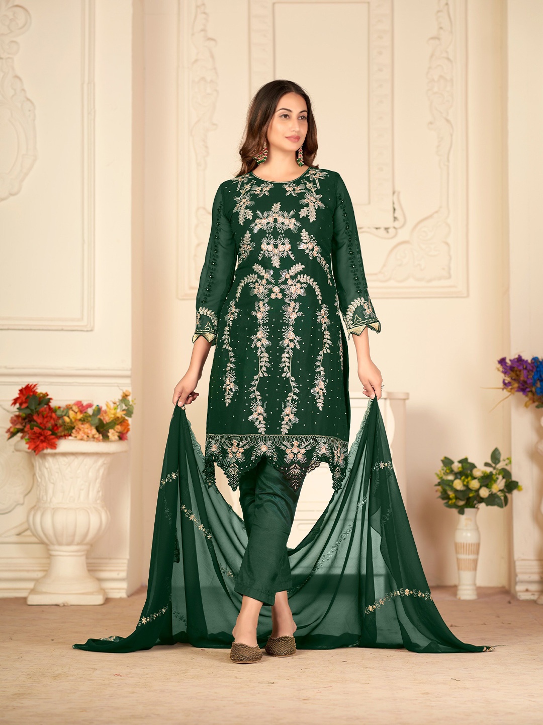 

Atsevam Floral Embroidered Silk Georgette Semi-Stitched Dress Material, Green