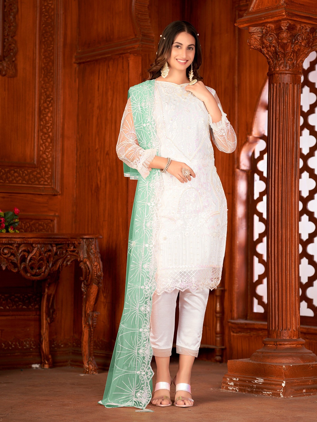 

Atsevam Ethnic Motifs Embroidered Sequinned Semi-Stitched Dress Material, Pink