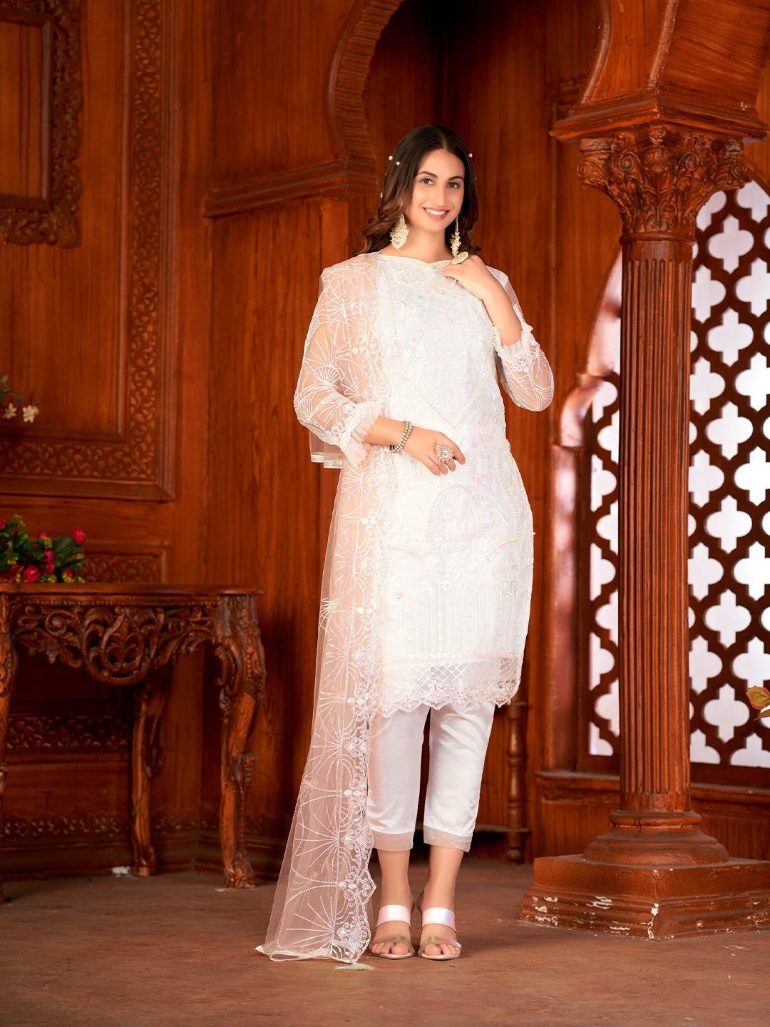 

Atsevam Floral Embroidered Semi-Stitched Dress Material, Cream