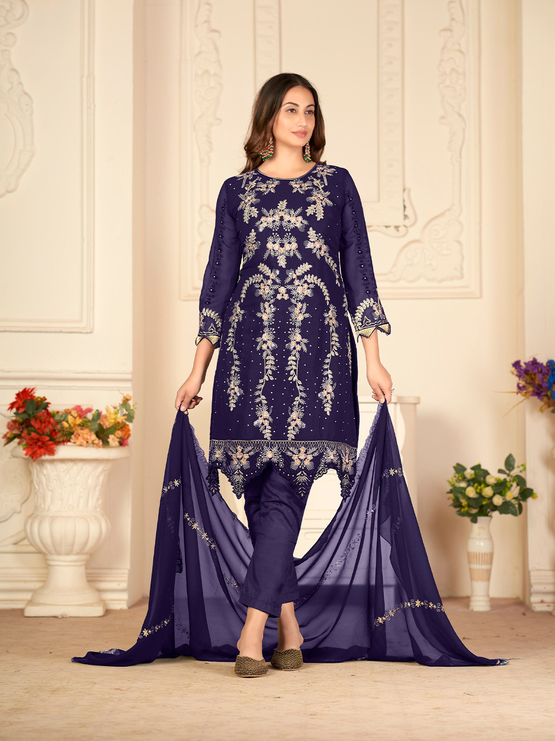

Atsevam Floral Embroidered Silk Georgette Semi-Stitched Dress Material, Navy blue