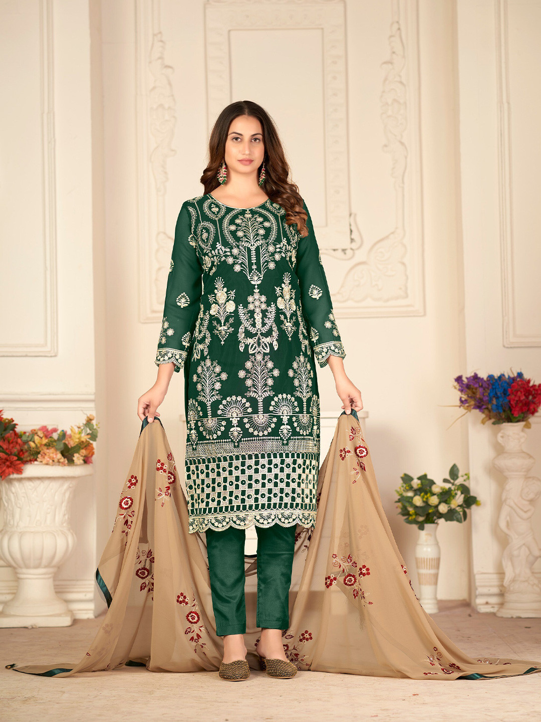 

Atsevam Embroidered Silk Georgette Semi-Stitched Dress Material, Green
