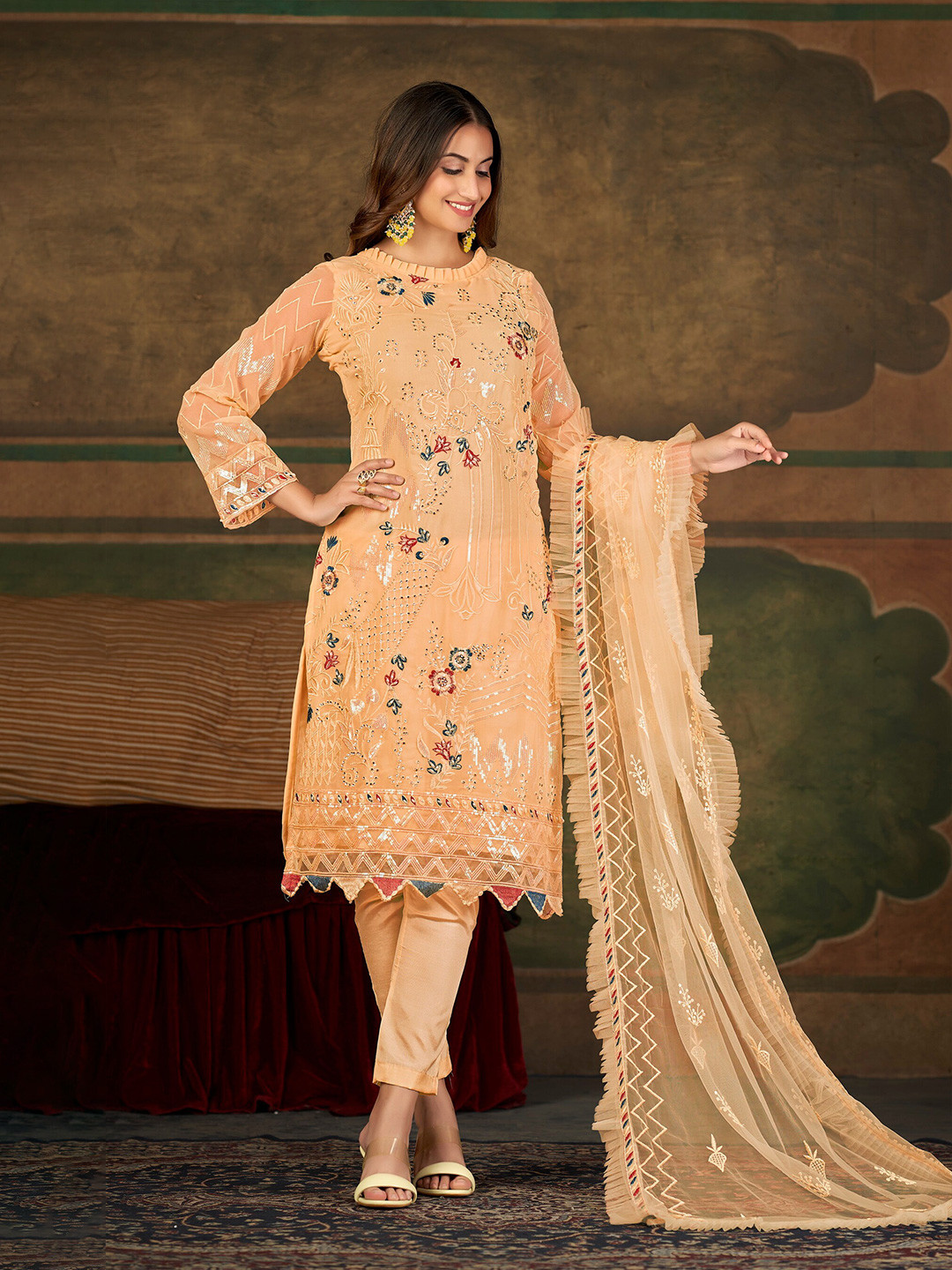 

Atsevam Embroidered Silk Georgette Semi-Stitched Dress Material, Cream