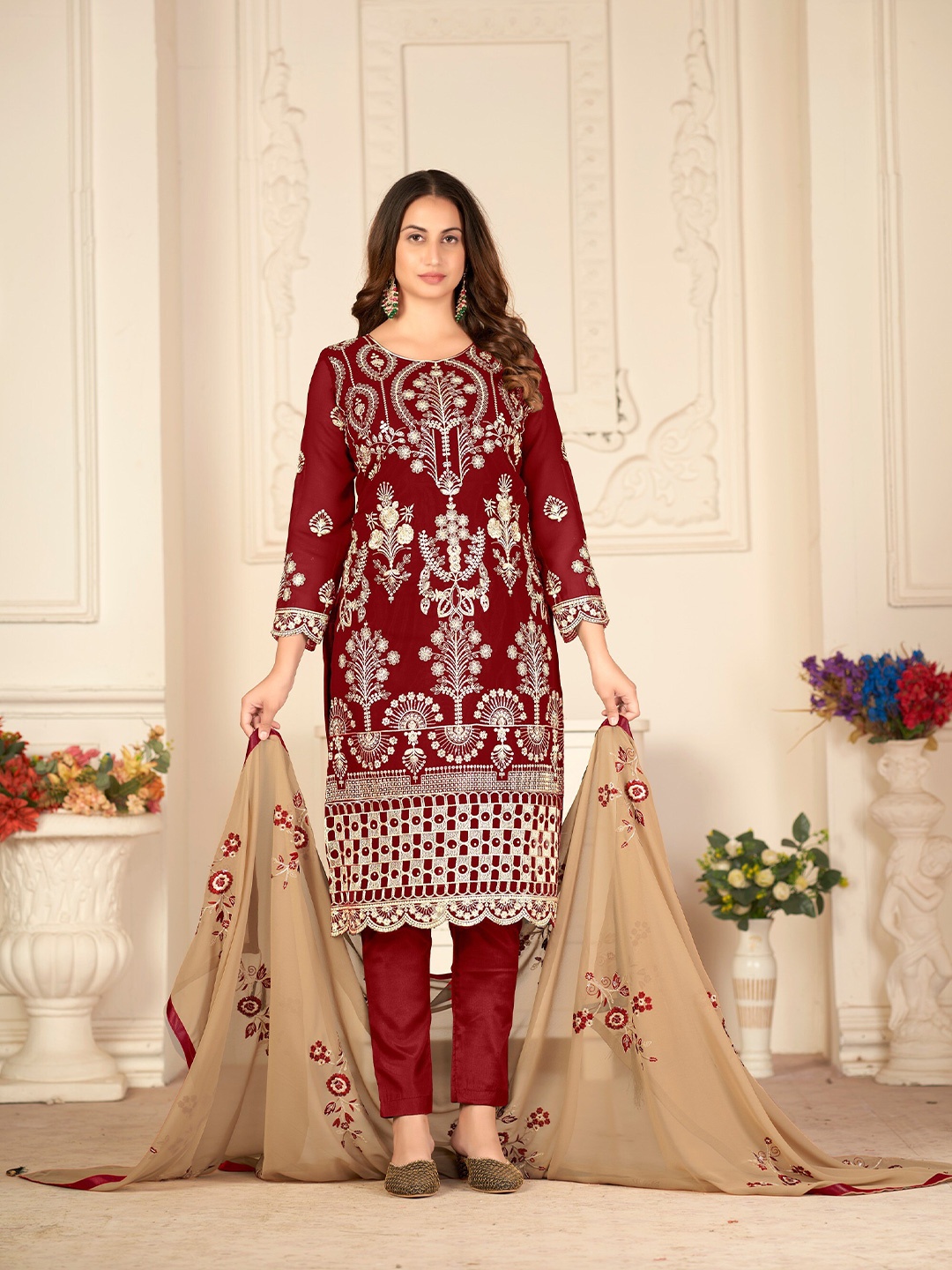 

Atsevam Embroidered Silk Georgette Semi-Stitched Dress Material, Red