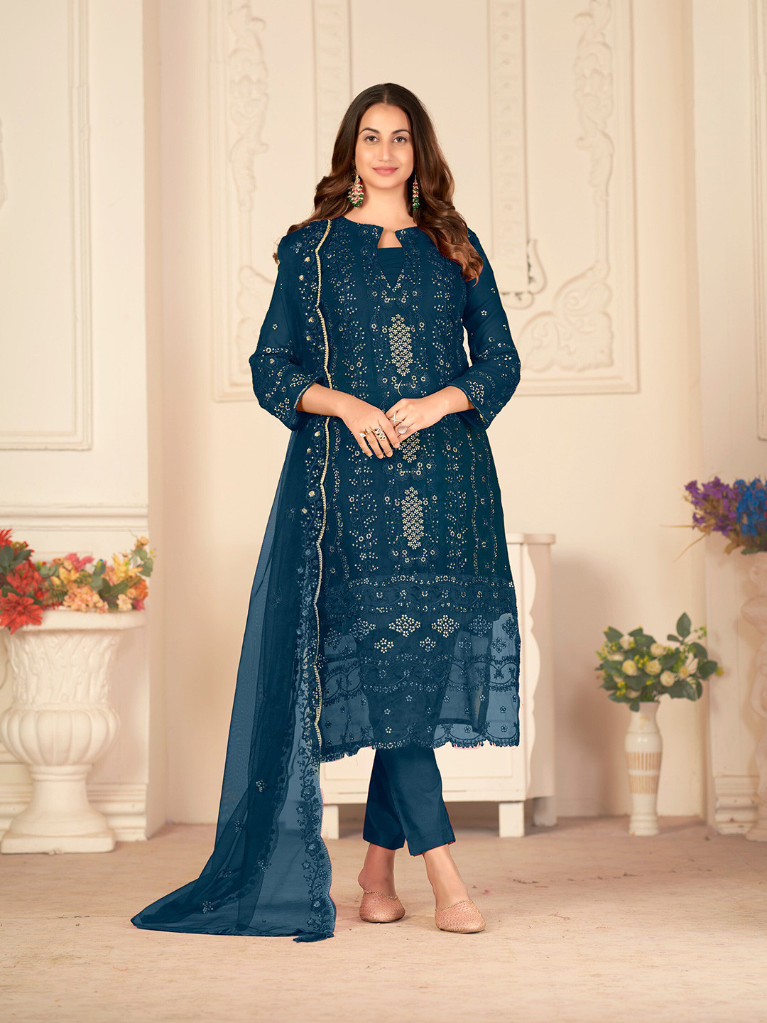 

Atsevam Embroidered Semi-Stitched Dress Material, Red