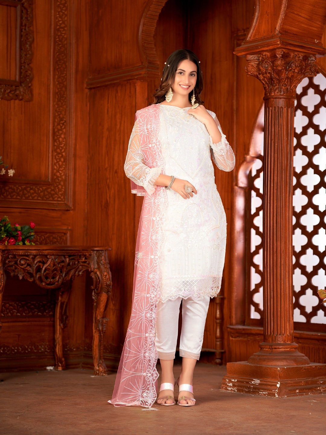 

Atsevam Paisley Embroidered Semi-Stitched Dress Material, White