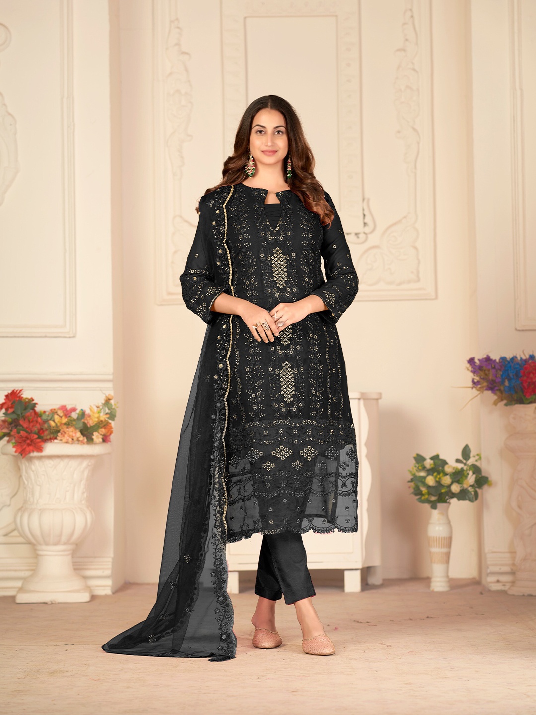 

Atsevam Embroidered Semi-Stitched Dress Material, Black