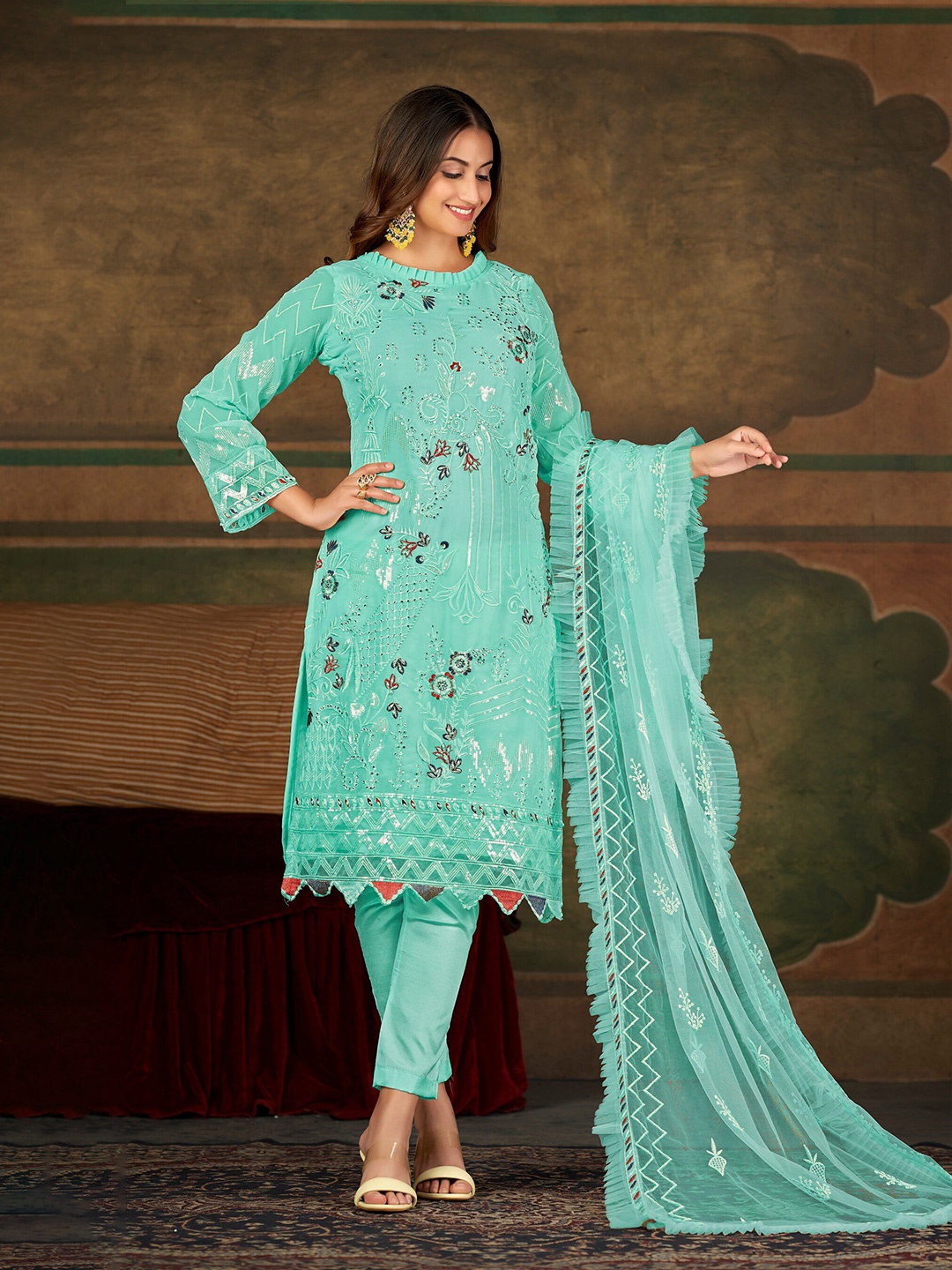 

Atsevam Embroidered Silk Georgette Semi-Stitched Dress Material, Blue