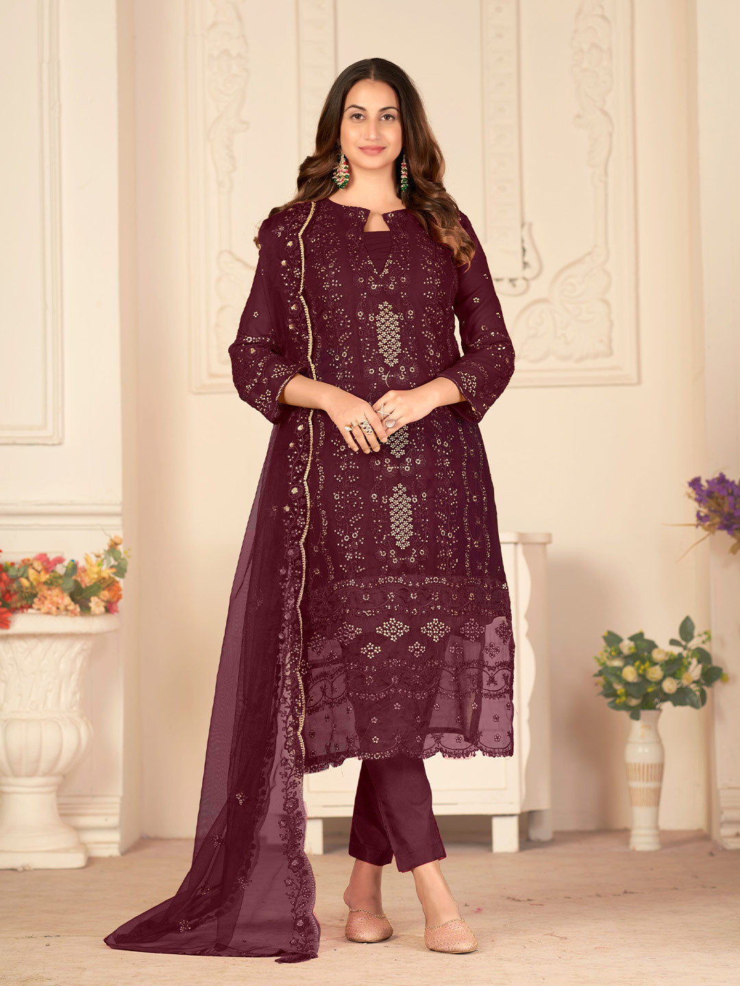 

Atsevam Ethnic Motifs Embroidered Semi-Stitched Dress Material, Maroon